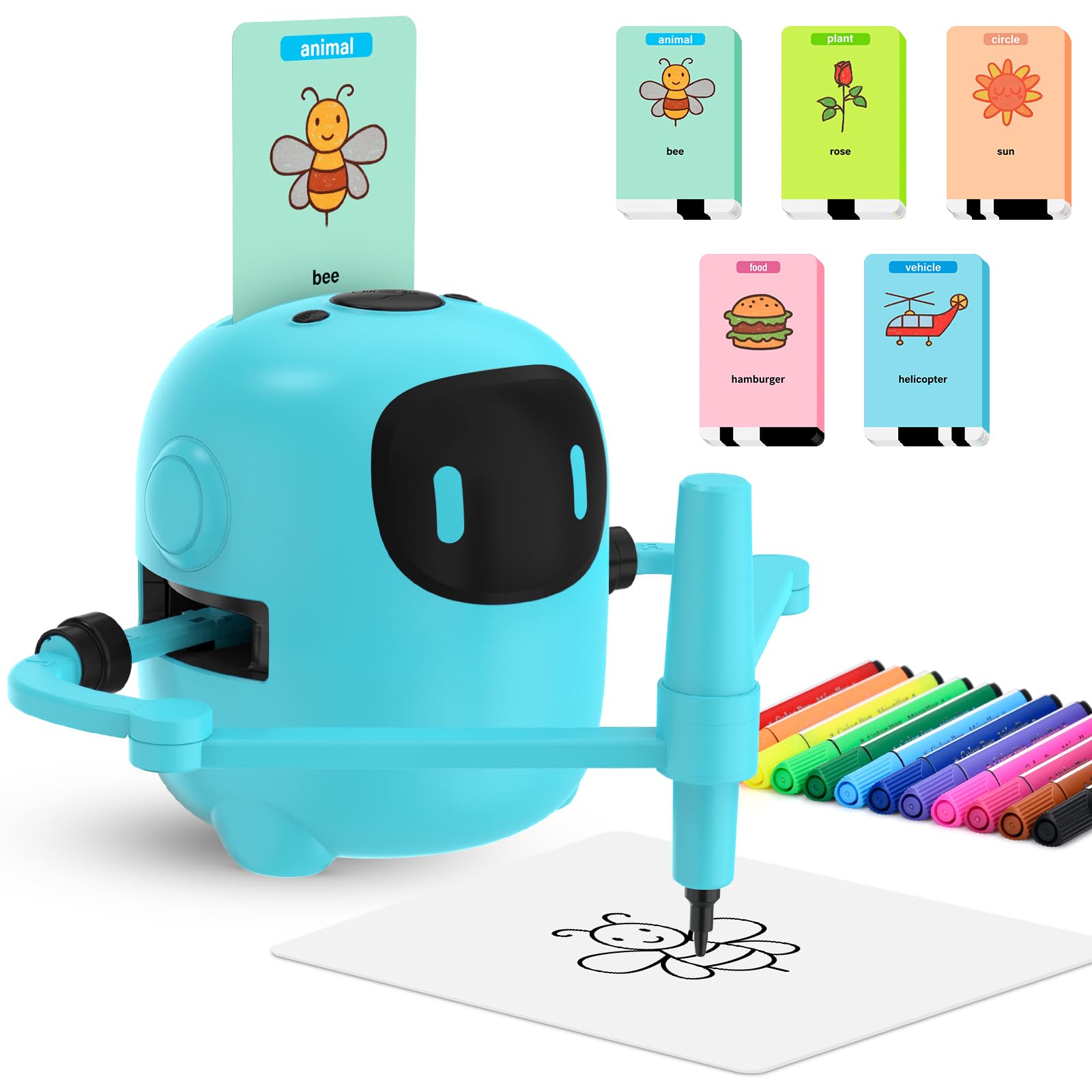 Robot Dessinateur Enfant, Robot de Dessin pour Enfants avec 100 Cartes & 12 Crayons, Interactif avec Fonction Vocale, Jouet éducatif Rechargeable pour Filles et Garçons de 3 à 10 Ans