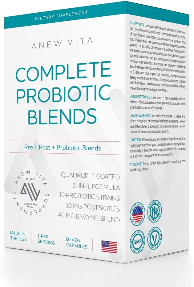 Anew Vita Complete Probiotic Blends | 5 in 1 Prebiotic, Probiotic, Postbiotic, Enzymes, Zinc | Quadruple Coated Probiotics | 20 Billion CFU per Veggie Capsule | 60 Veggie Capsules