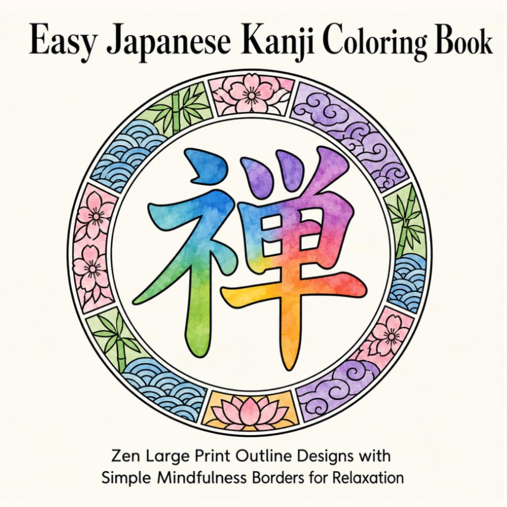 Easy Japanese Kanji Coloring Book: Zen Large Print Outline Designs with Simple Mindfulness Borders for Relaxation