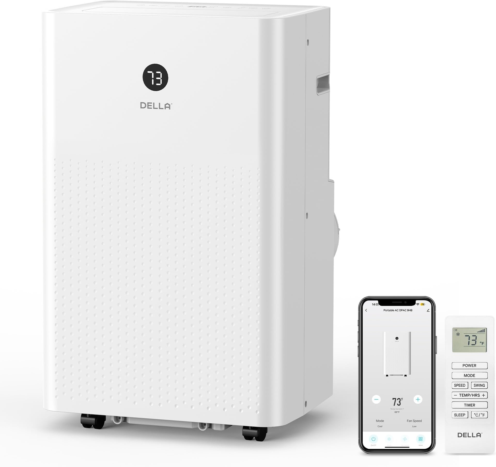 DELLA 14,000 BTU Portable Air Conditioner, Work with Alexa and WiFi, Cools Up To 650 Sq.Ft, Auto Swing, 3 Fan Speeds, Geo Fencing, Heat pump, Dehumidifier, with Remote Control & Window Kit