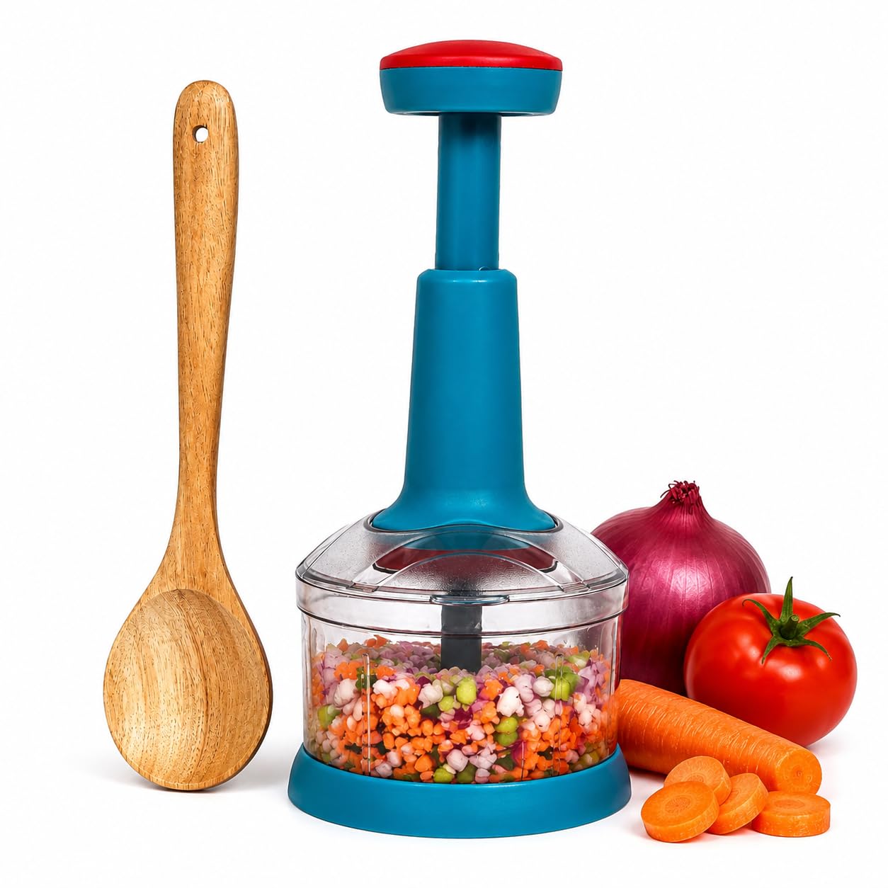 Hand Press Vegetable Chopper with 3 Stainless Steel Blades & Premium Wooden Spoon | Push Type Manual Food Cutter with Strong Container for Onion, Garlic, Tomato & Fruits | Kitchen Tool-image-6