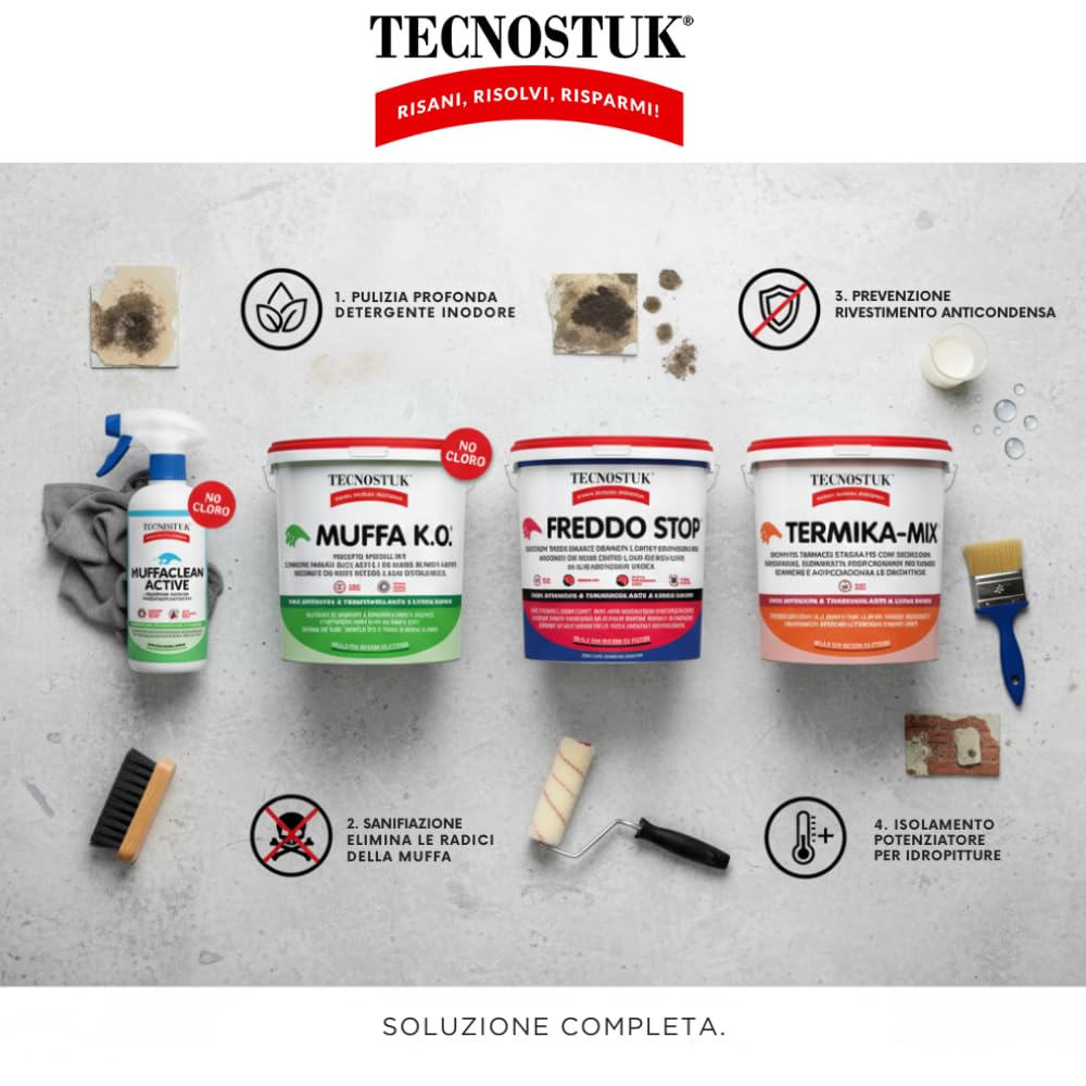 TECNOSTUK KIT Professionale Antimuffa Per Muffa Molto Radicata Ed Estesa MuffaClean Active 1L + Muffa K.O. 1L + Freddo Stop 1L + Termika-Mix 1L