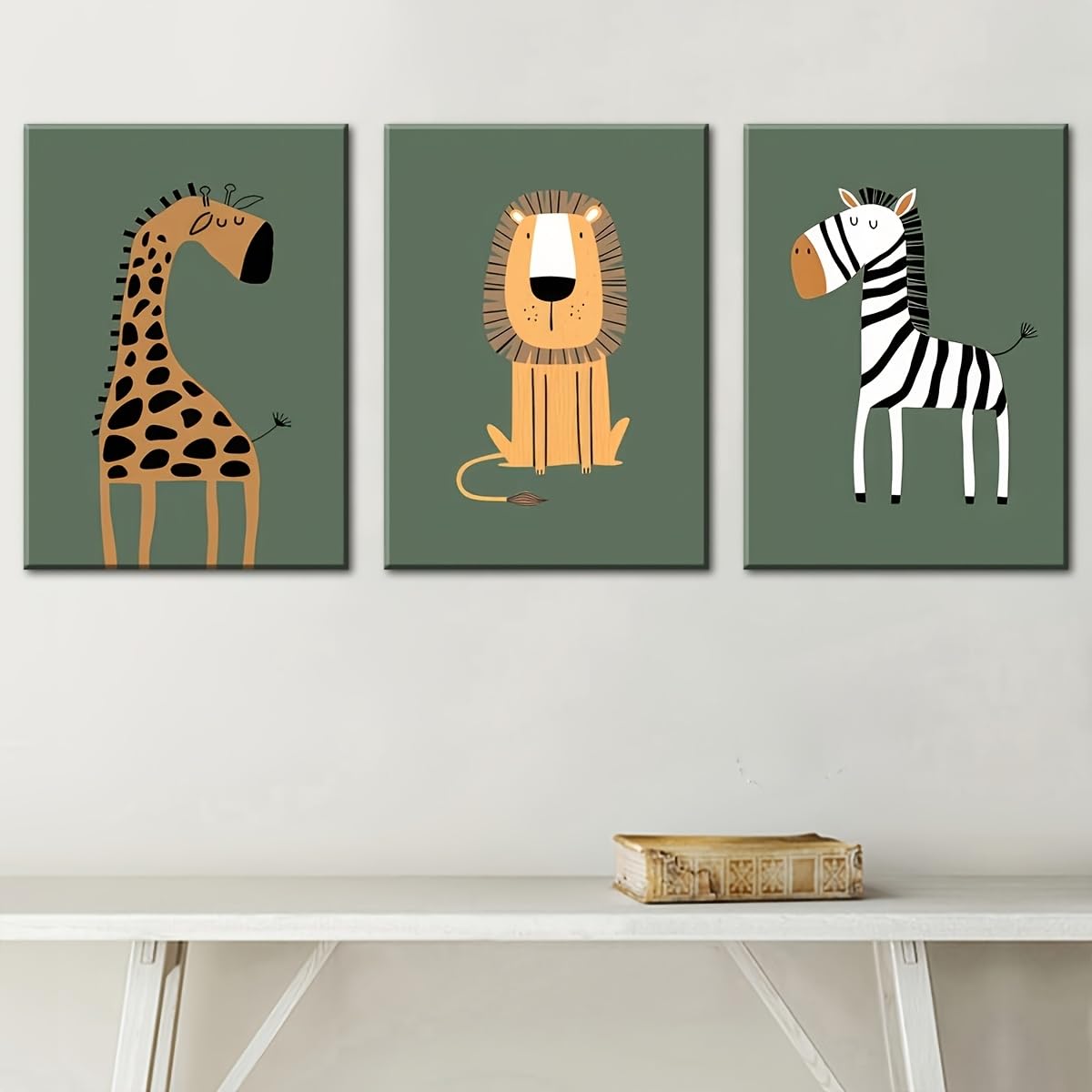 GLWDMH 3 lienzos de 20 x 30 cm con dibujos animados de jirafa, león y cebra, póster artístico de pared e impresiones, imagen de pared para sala de estar, dormitorio, comedor, oficina (con marco