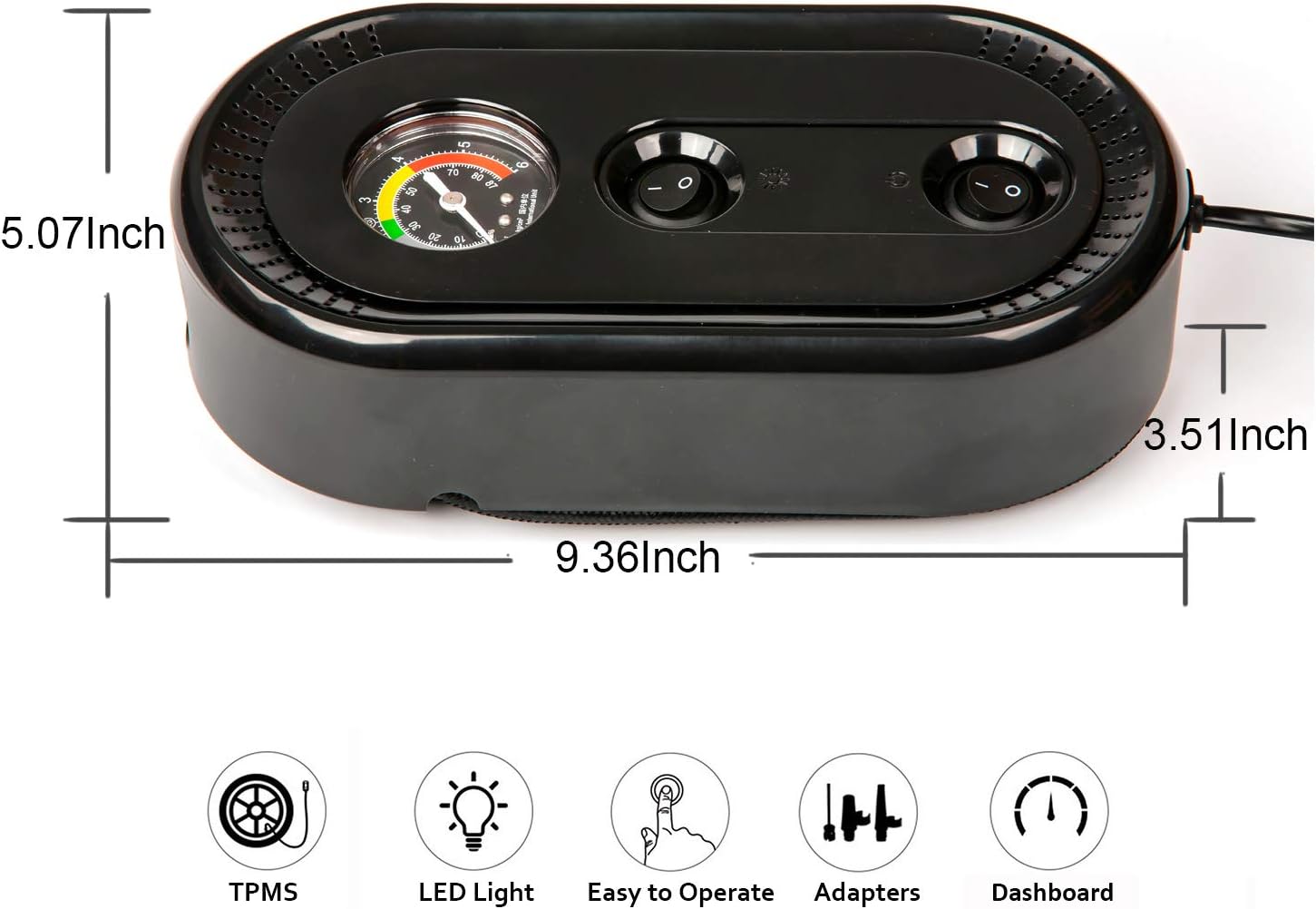 AUTOEYSD Portable Car Air Compressor Pump Black, Mini Dashboard Display Electric Auto Tire/Tyre Inflator 12V with 3 Adaptors and LED Emergency Light for Vehicle, Bike, Ball and Other Inflatables