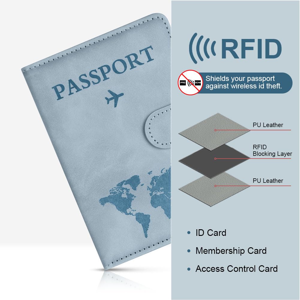 OFFCUP Custodia per Passaporto, Custodie Porta Passaporto con Blocco RFID, Custodia Passaportos con Etichetta Valigia in Pelle PU per Carte d'Identità Carte di Credito, Passaportos Pass (Azzurro)