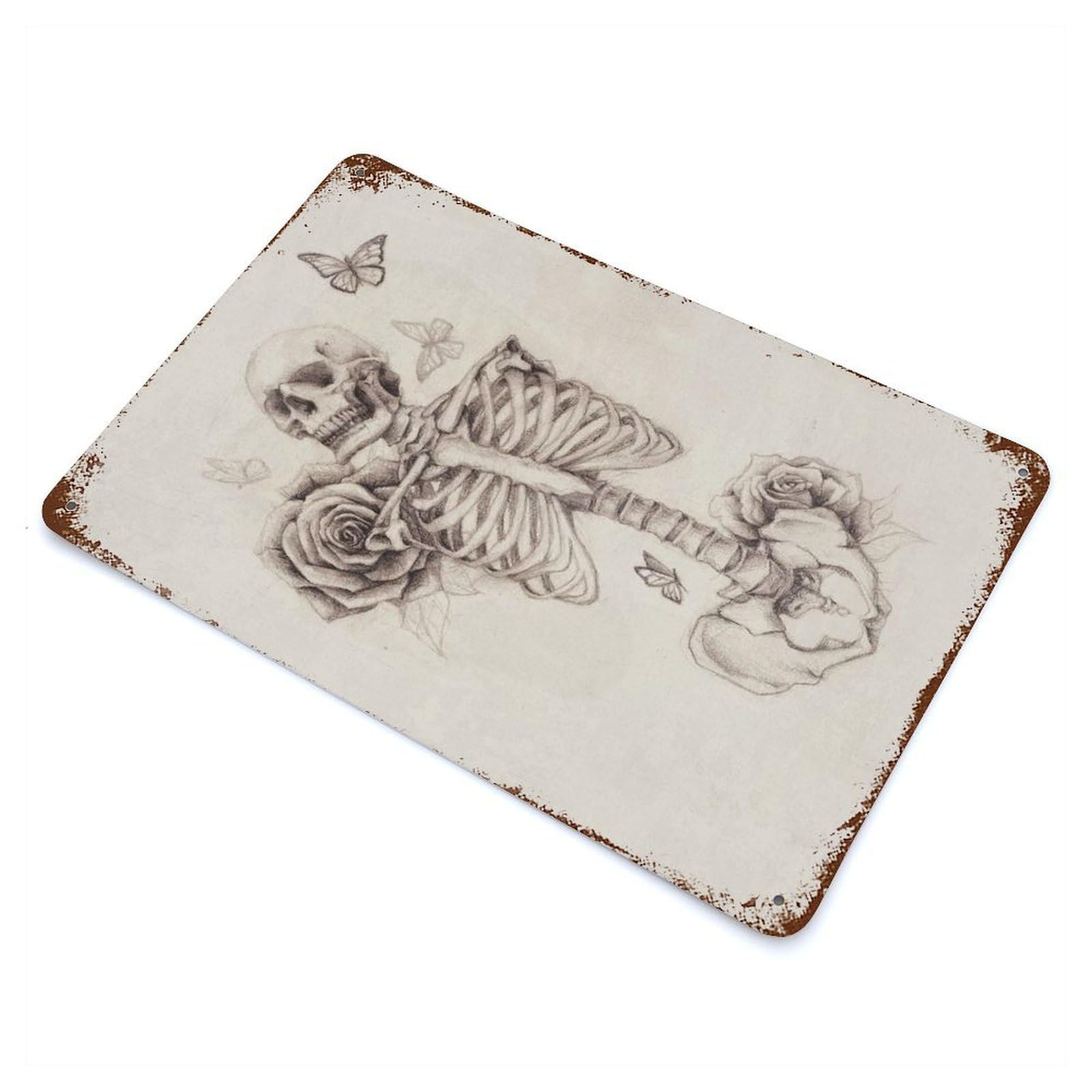 Skeleton And Roses Rusty Metal Tin Sign 11.8"x7.9", Rustic Home Decor for Living Room, Hallway And Home Decor