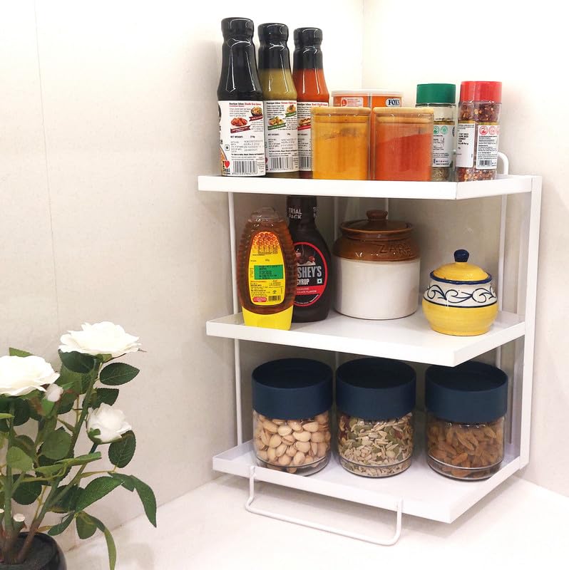 appeasy Metal 3 Tier Multipurpose Kitchen/Bathroom Organizer, Countertop Storage Stand, Corner Shelf, Spice Rack,Cosmetics Organizer, Size: 26 x 26 x 40 cm,(White) 3