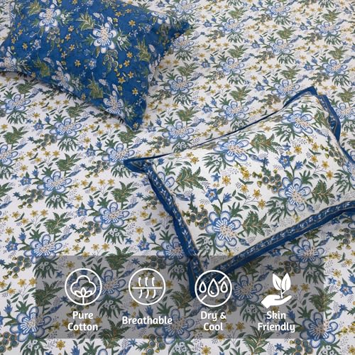 Image of TOAI Hand Block Printed Bedsheet | Bed Spread Flatsheet Bed Sheet | Pure Cotton | Queen Size 90 inchx108 inch | 210 TC Long Staple Cotton | 2 Reversible Pillow Covers |Blue Green Motives On White