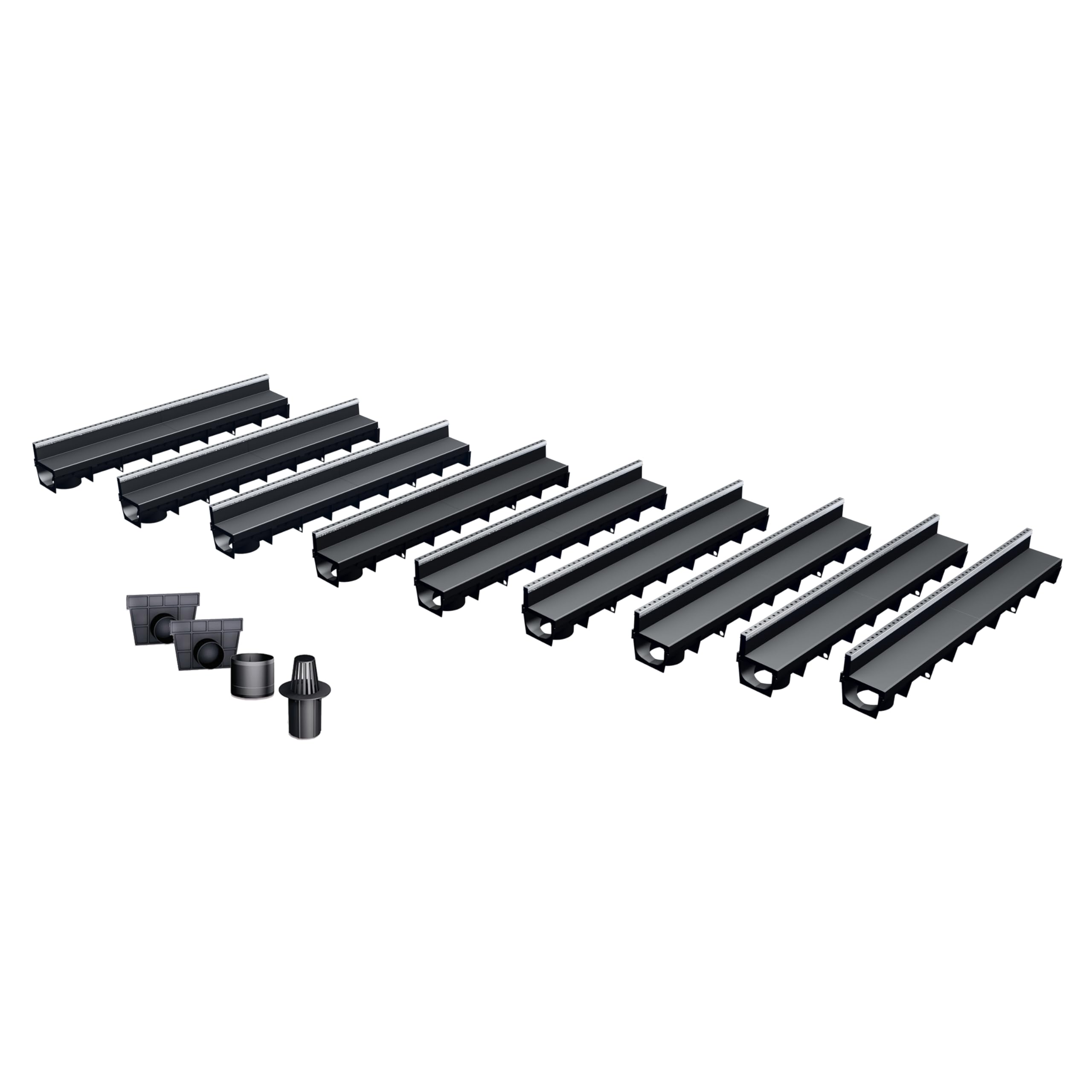 MEA Pack de 9 Caniveaux Extérieurs MEAPARK – Grille à Fente en PP Recyclé + Profil E-​Blade B en INOX – Drainage Terrasse, Piscine, Jardin – Classe A15 Piéton – Largeur utile 10 cm
