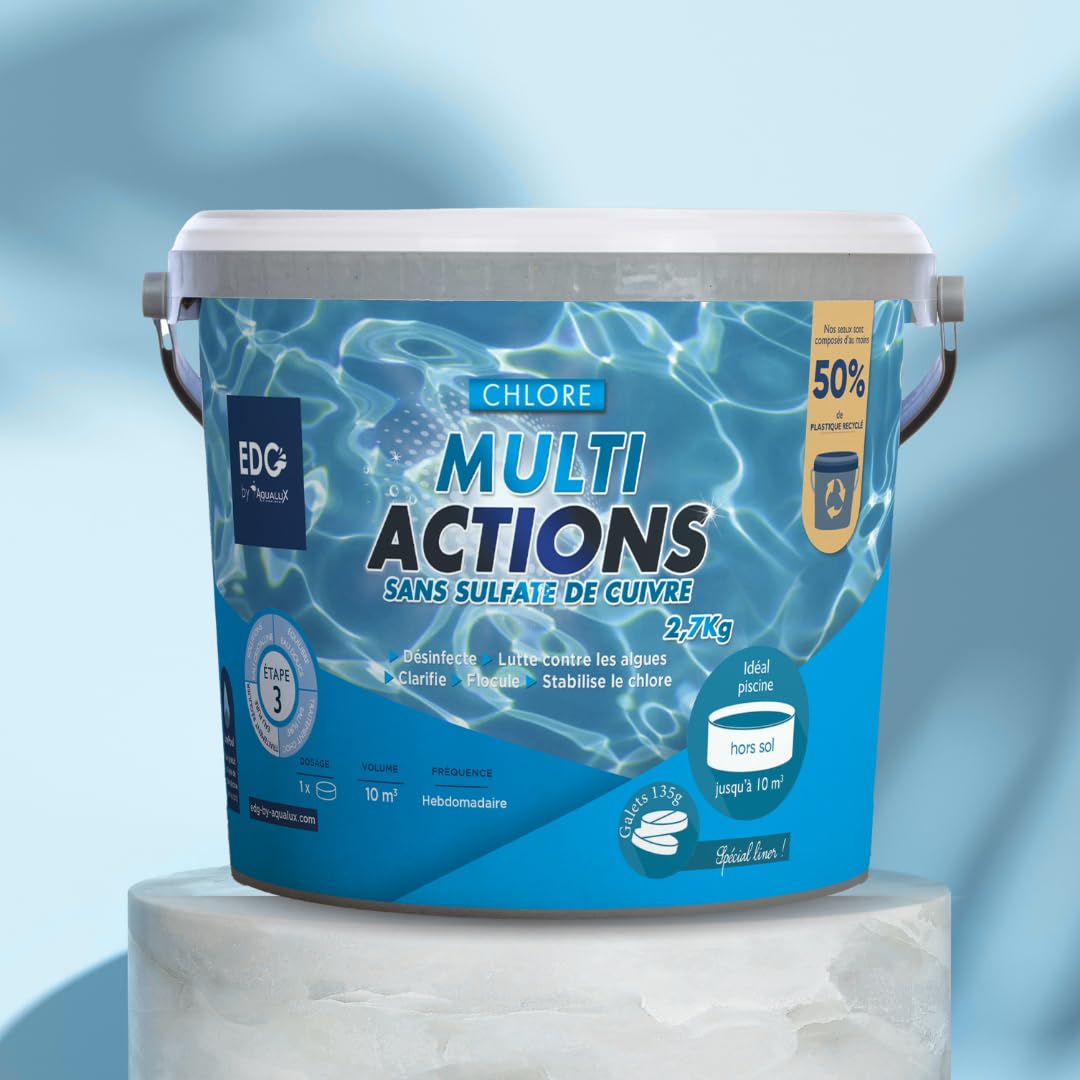 EDENEA EDG by AQUALUX International - Chlore Multi Actions Piscine - Multi Fonctions Action Longue Durée - Galets Compact 135g - Seau 2,7 kg - Special Liner Et Piscine Hors Sol