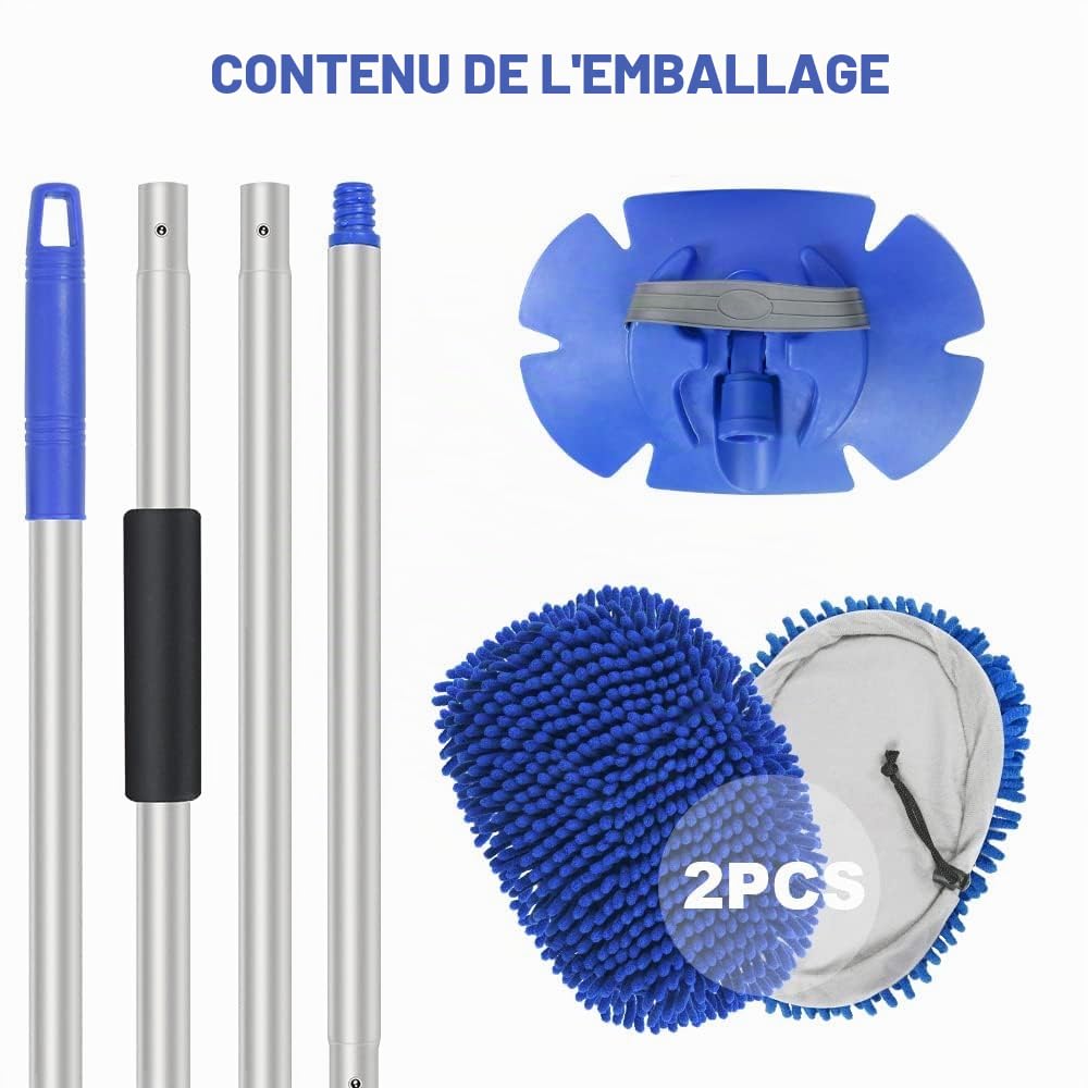 URAQT Brosse Lavage Voiture Télescopique, 160cm Nettoyage à Manche Long Vadrouille, 3en1 Microfibre Balai Pinceau, avec 2 têtes de Vadrouille et Un Chiffon en Microfibre, pour Véhicule Voiture Camion