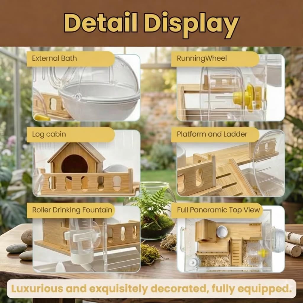 Clear Acrylic Hamster Cage Habitat, 2-Tier Small Animal Mouse Habitat with Wheel, Hideout & Accessories, Transparent Cage Hamster Starter Home for Dwarf Hamsters, Gerbils & Mice Enclosure