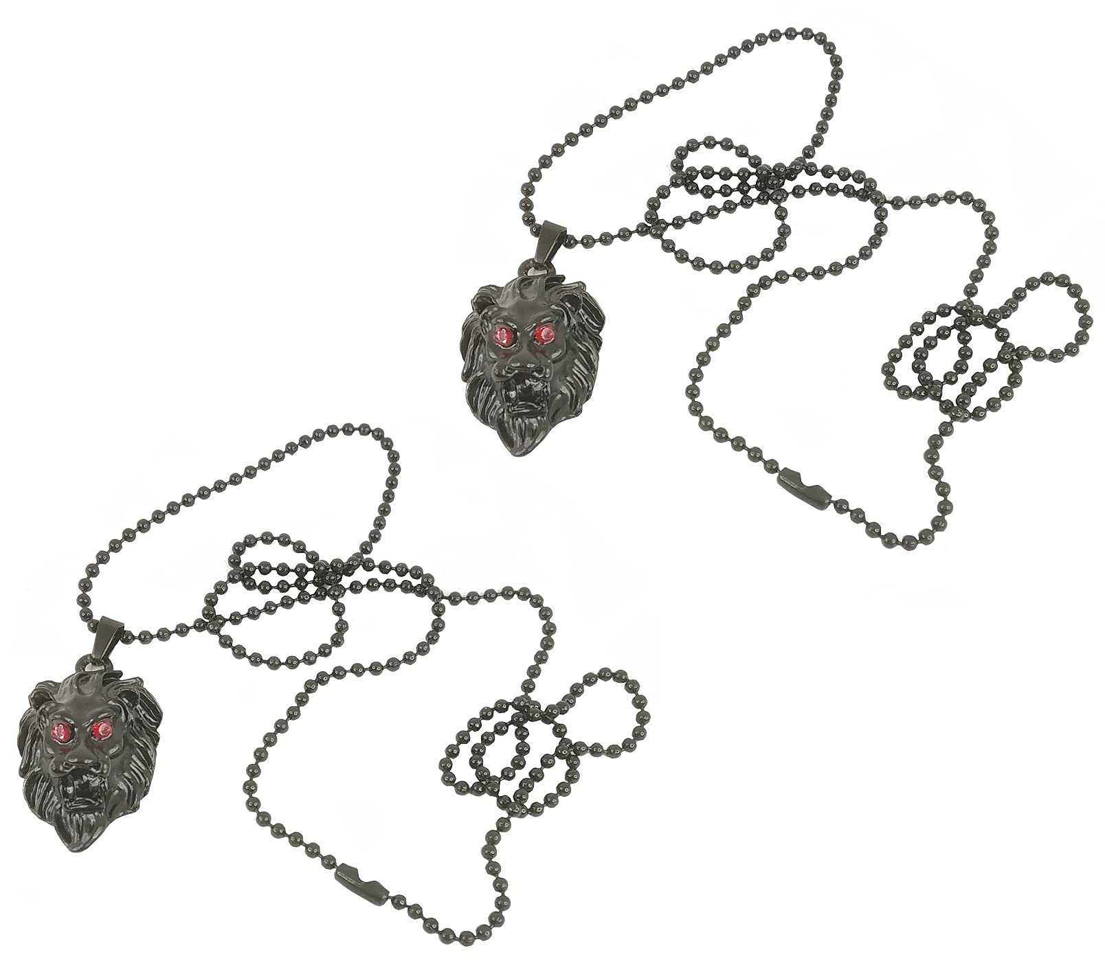 Adhvik(Set Of 2 Pcs Unisex Metal Stylish & Fancy Solid Black Animal King Roaring Lion Head With Red Eyes Rock Punk Locket Pendant Necklace With Ball Chain Jewellery Set