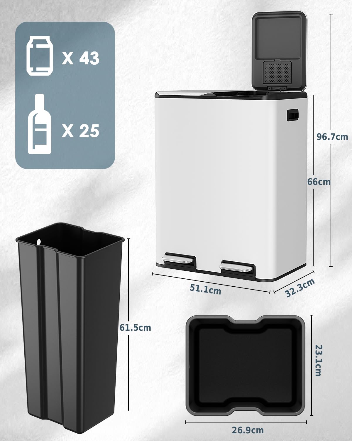 LIFERUN Mülleimer 2 Fächer, 2 x 30 Liter Treteimer mit Geruchsfilter, Deckel Geräuschlos, Inneneimer aus Kunststoff, Mülltrennsystem, Metall Doppelter Abfalleimer für Küche Büro, Weiß