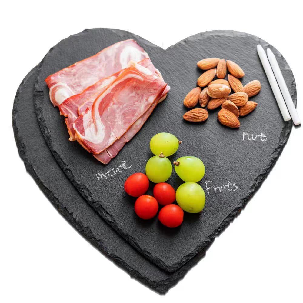 WLWNWFT Schieferplatte Servierplatte Herz 2er Set, Schiefer Herz 25 cm mit Kreidestift, Schiefer Käseplatte Herzplatten, Ideal zum Servieren und als Deko