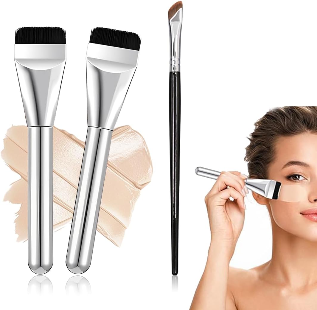 2 stuks spatula foundationkwast, ultrafijne kwast voor foundation, concealer, platte vloeibare kwast voor poeder, foundation, crème of poeder, met 1 eyeliner-kwast