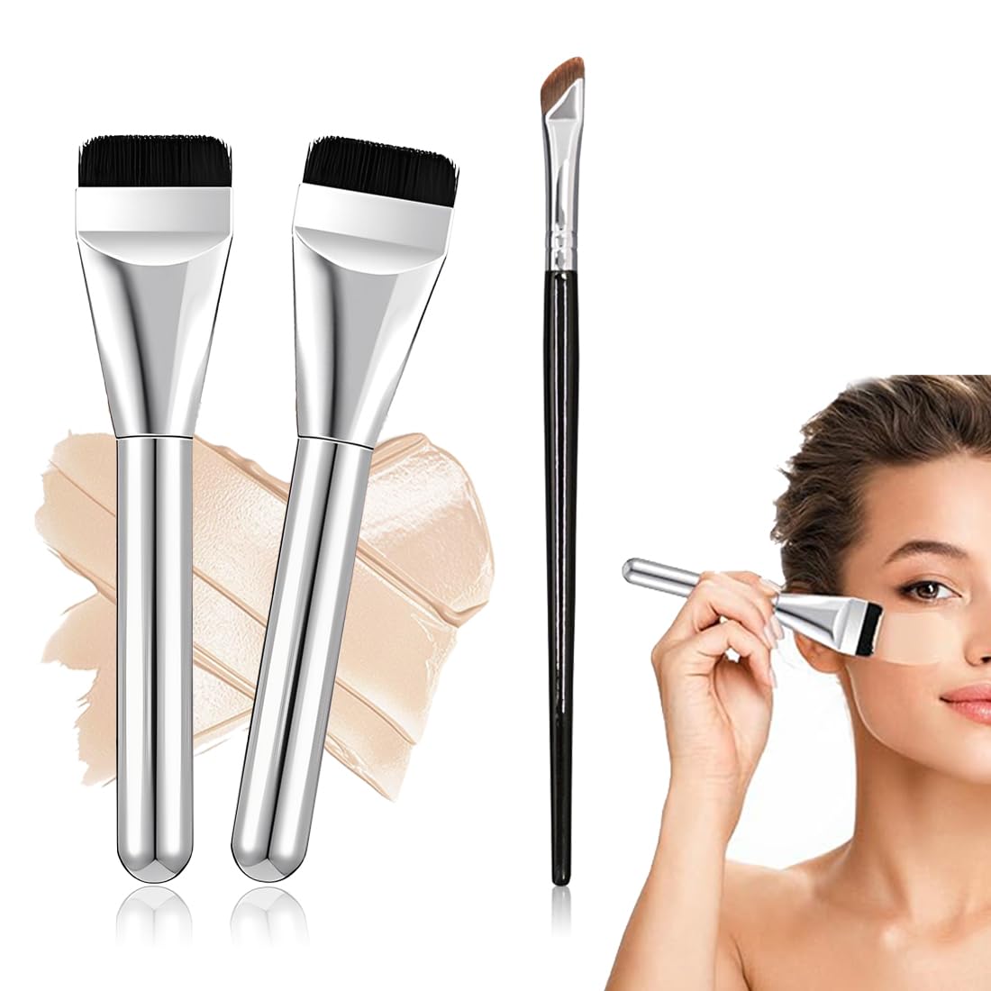 2 Ultra-Thin Foundation Pinsel & 2 Puderquasten – Makeup-Set Für Foundation, Concealer & Puder