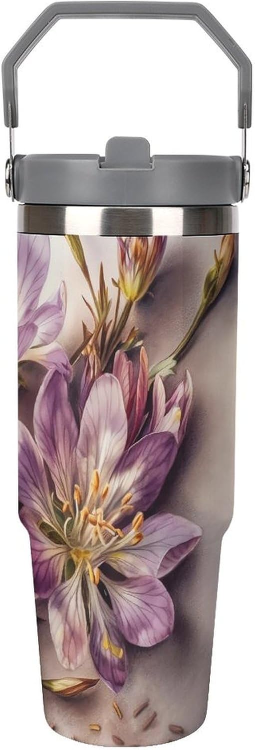 30oz Insulated Tumblers with Top Handle, Stainless Steel Purple Flowers Car Cup with Straw for Gift, Leak-Proof Double Wall Vacuum Travel Mug, Personalized Water Bottles White