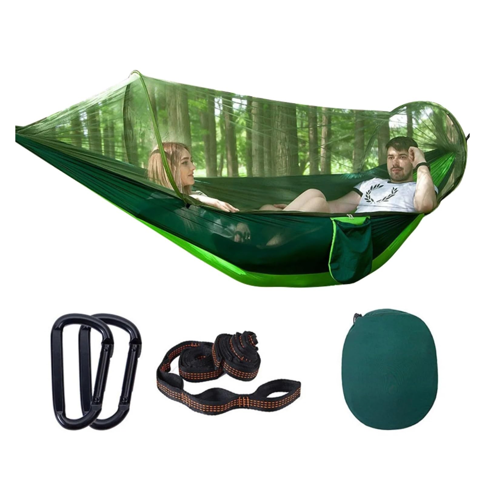 Rrypbovg 290X140cm Green Hammock Outdoor 1-2 People Automatic Quick-Opening Net Hammock Outdoor Camping Pole Hammock Swing Anti-Rollover Nylon Rocking Chair(290X140cm Green)