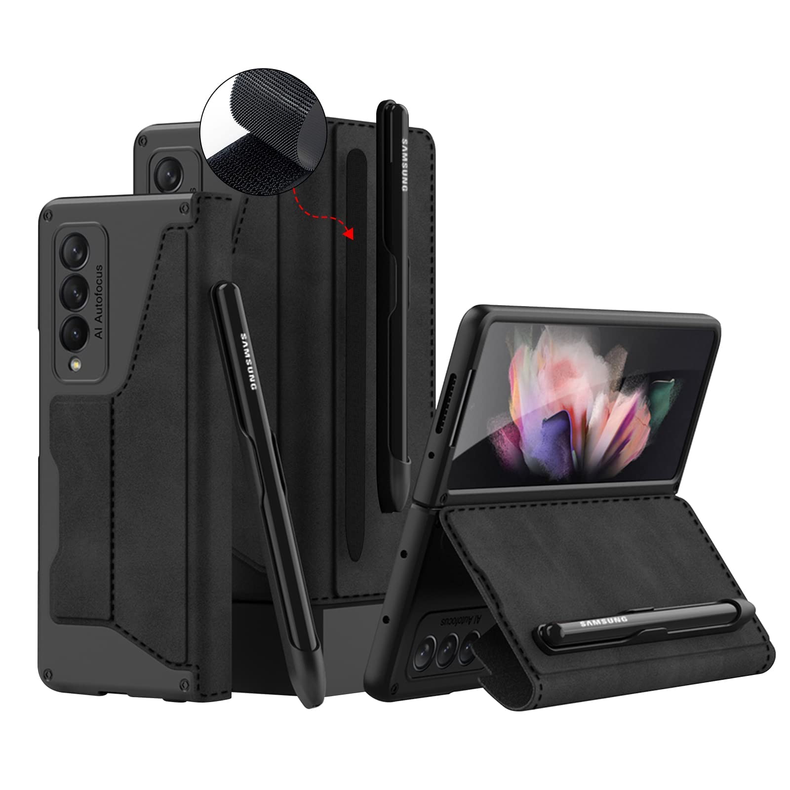 MAKINGTEC Phone Case for Samsung Galaxy Z Fold 3，PU Faux Leather Flip Case with S Pen Holder(Removable), Wallet Case with Card Slot, Phone Kickstand Cover for Z Fold 3 5G (2021) (Black)