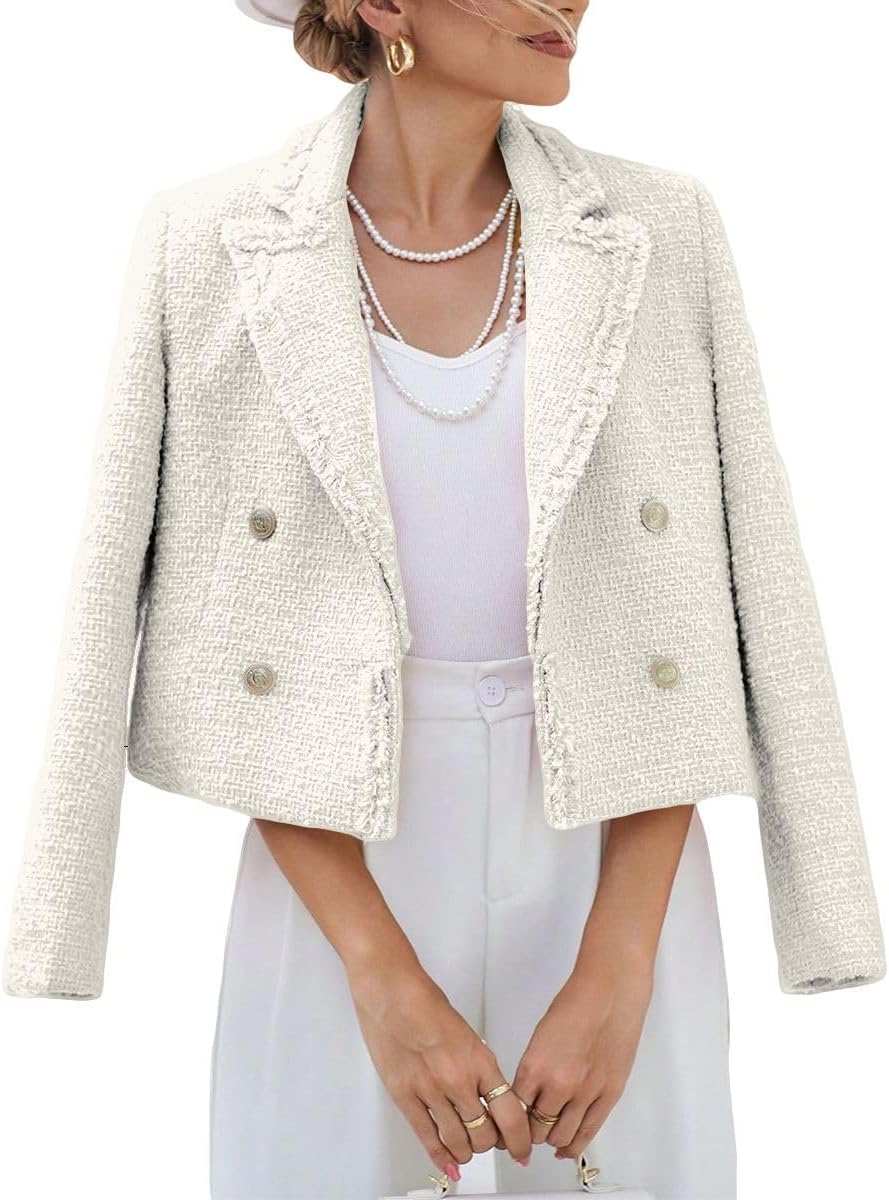 Donna Autunno Inverno Tweed Blazer Casual Doppio Petto Aperto Anteriore Ufficio Tasche Giacca Solida