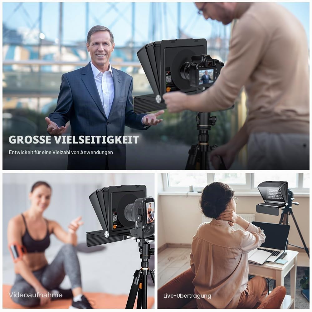 LENSGO 10''Mini Teleprompter für Kameras, APP Kompatibel mit iOS/Android für Interview/Online-Unterricht/Vlogger/Live Streaming Prompter Unterstützung 24-35MM Weitwinkelobjektiv Schießen (for Camera)
