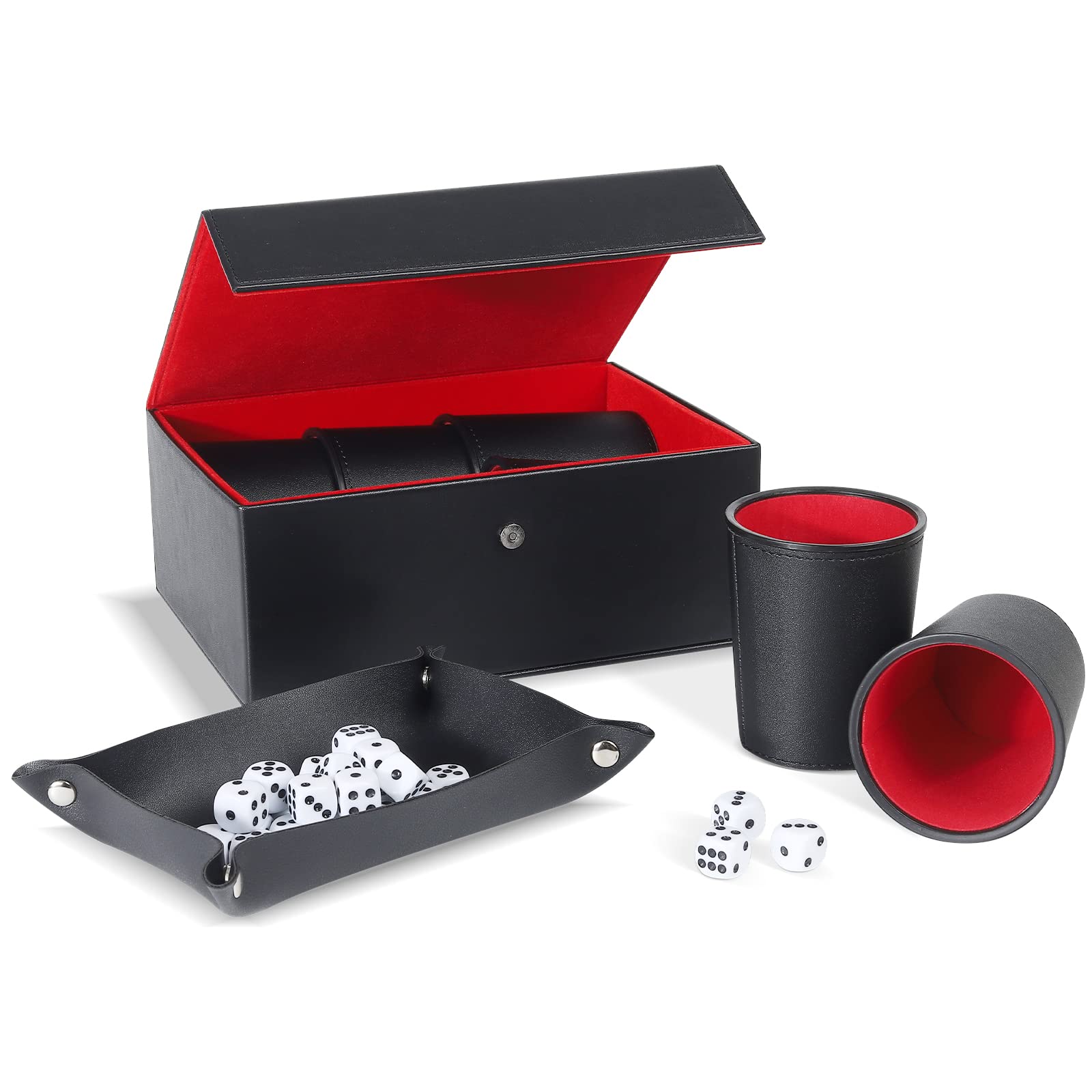 Leather Dice Cup Set, 6 Dice Cups+30 Dice+1 Folding Tray Exclusive Storage and Transport Case Made of Faux (Black Red)