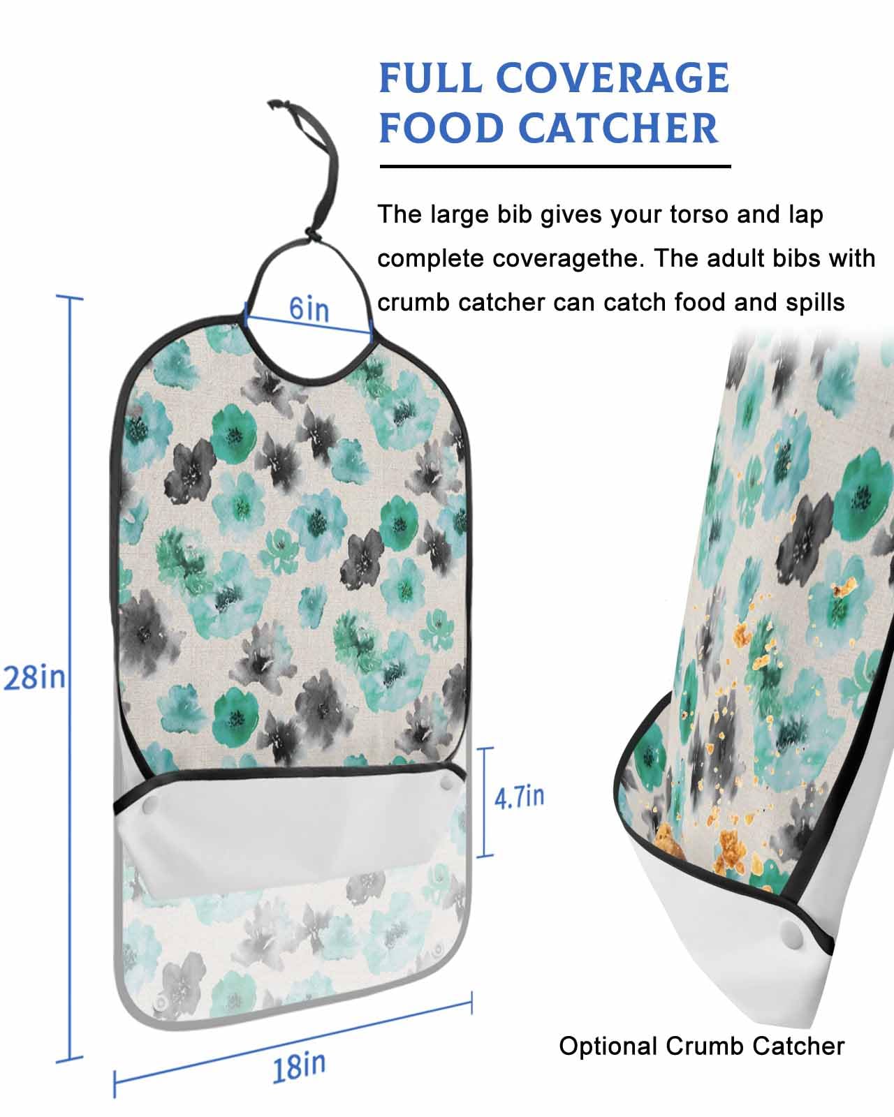 LEOKOTI Teal Black Spring Floral Adult Bibs for Eating, Waterproof Bibs with Food Catcher & Adjustable Snap Closure, Watercolor Botanical Rustic Washable Clothing Protectors Adult Bibs for Elderly