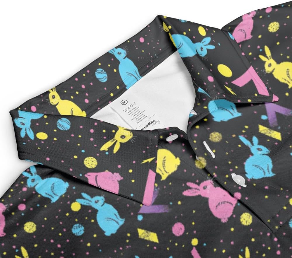 Easter Polo Golf Dress Shirt for Men Neon Bunny Retro 80s Print Moisture Wicking Short Sleeve Top