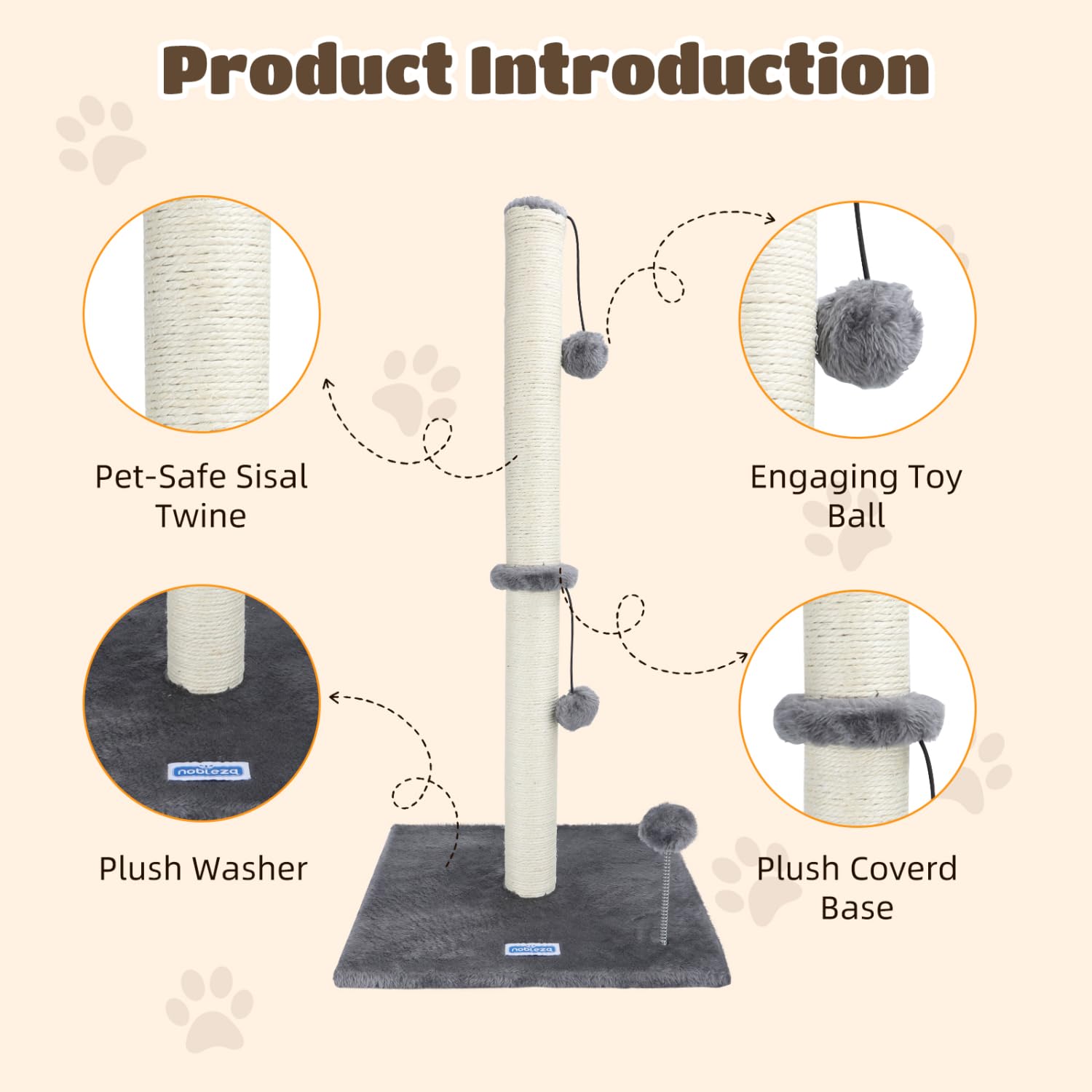 Nobleza Rascador para Gatos, Altura 80 cm, Poste de Rascador para Gatos Medianos y Grandes, Cat Tree con Bola de Juguete Colgante y Pompón de Muelle (Gris)
