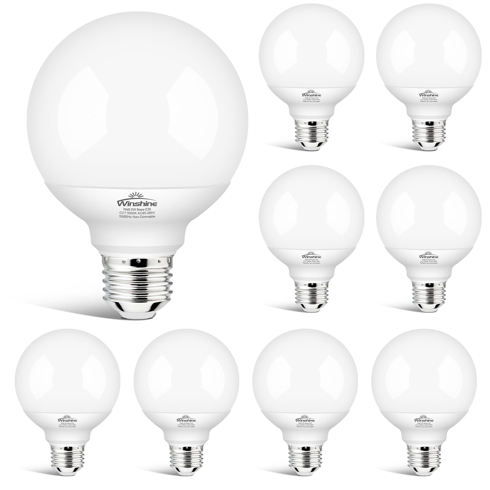 winshine G25 Globe Light Bulbs, 8 Pack LED Vanity Light 5000K Daylight for Bathroom Vanity Makeup Mirror, LED Bedroom Lights E26 Medium Screw Base 5W 60W Equivalent,500LM, Non-dimmable