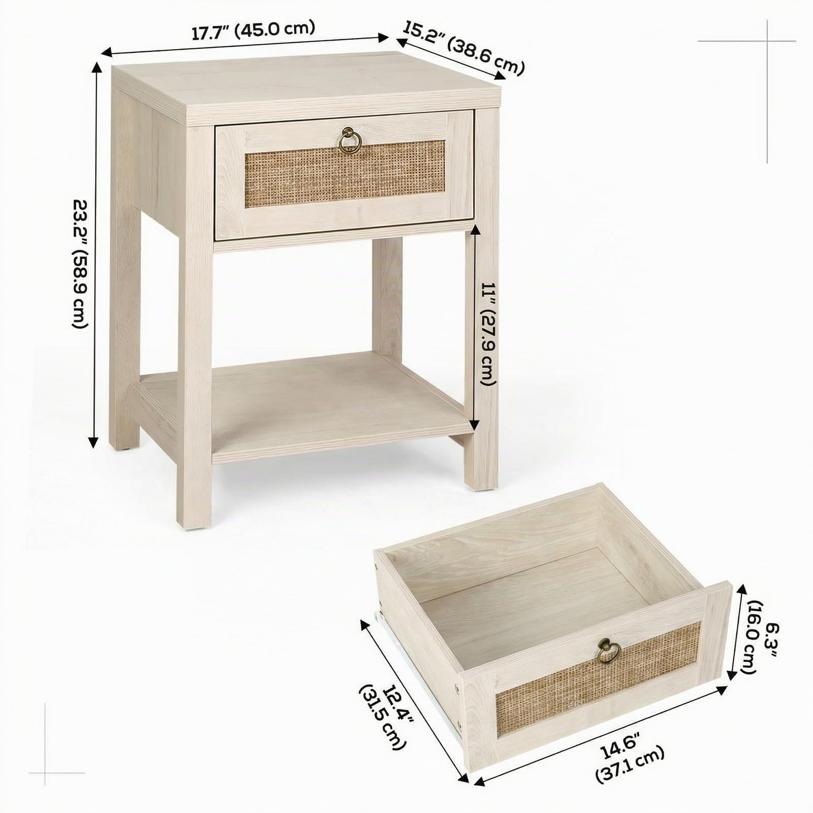 VOWNER Rattan Nachttisch Set 2er, Landhausstil Beistelltisch mit Schublade und Ablage, Böhmischer Sideboard für Schlafzimmer, Wohnzimmer, Flur, Gästebuchregal, 45 x 39 x 59cm (Eiche hell)