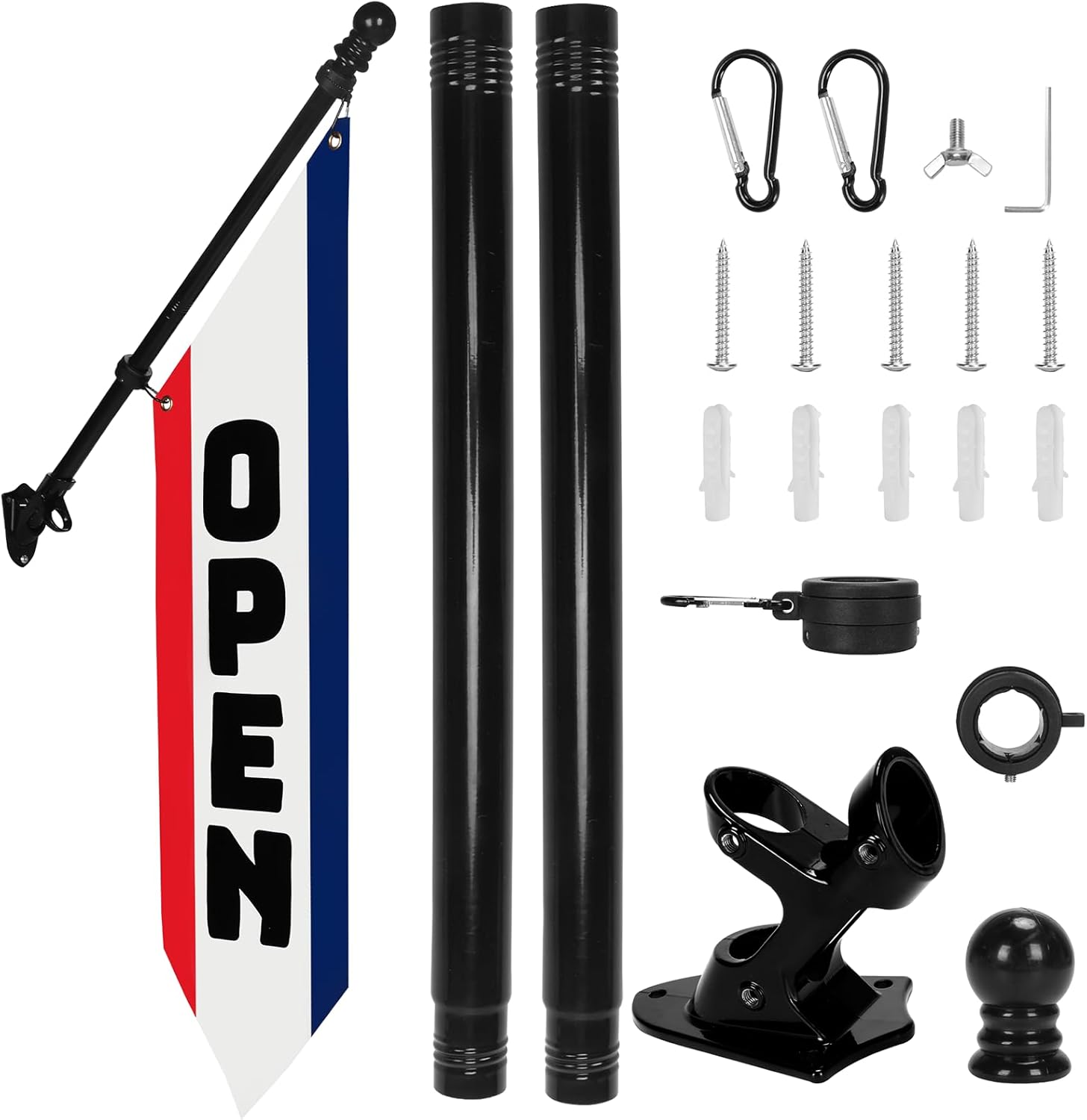 Open Flag with Pole Kit – 42x13 Inch Heavy-Duty Canvas Double-Sided Banner for Outdoor Storefront – Business Sign with Metal Bracket for Shops, Restaurants, Salons (Patriotic)