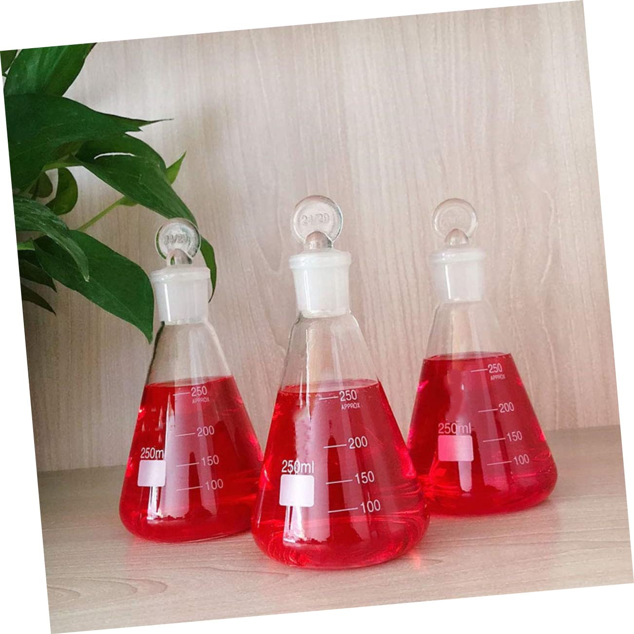 Set 3 Pezzi Beuta Conica in Vetro 250ml con Tappo Sughero, Vetreria da Laboratorio per Esperimenti di Chimica in Classe, Bottiglia Liscia e Inodore