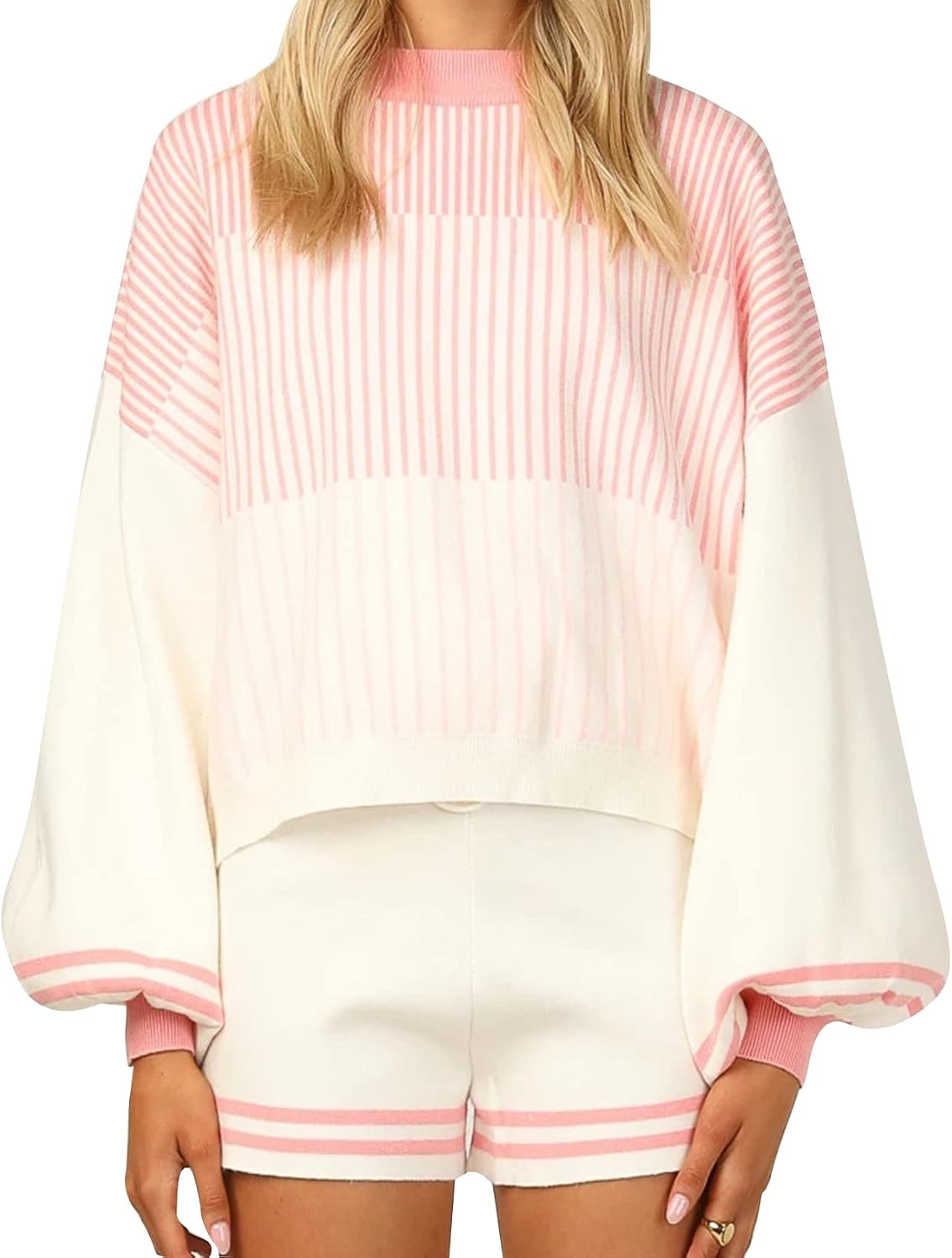 Flygo Women's Striped 2 Piece Knit Outfits Casual Long Puff Sleeve Pullover Sweater Shorts Set