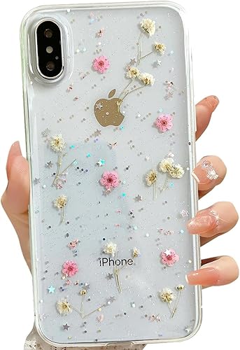 Miniatura 31 de Funda transparente para iPhone 16 Pro Max con diseño de flores reales presionadas, patrón floral rosa brillante y lindo, funda protectora de TPU