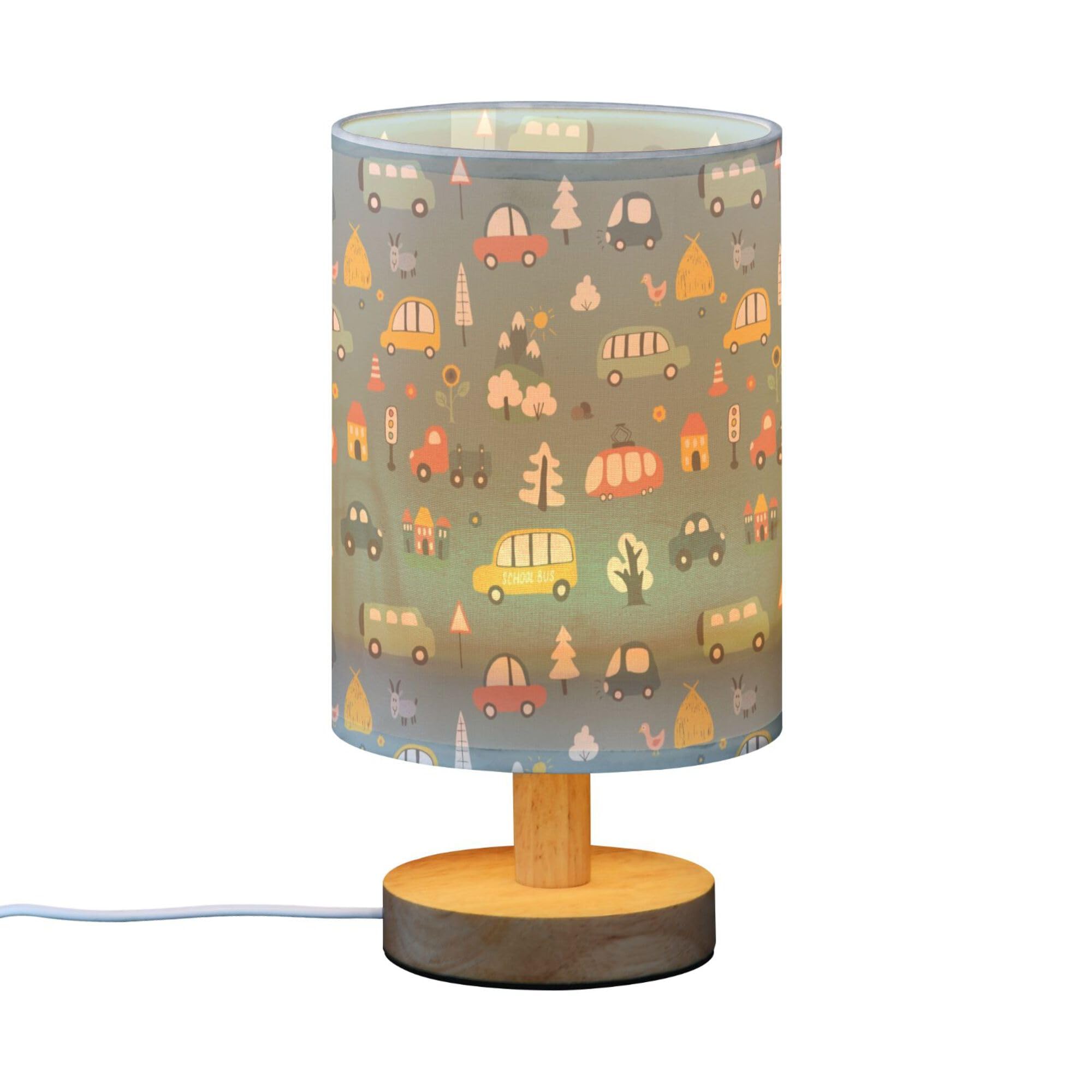 YYZZH Table Lamp Cute Cars Pattern Cartoon Transportation Doodle Nightstand Lamp with Wood Base Fabric Lamp Shade Bedside Desk Lamp for Living Room Bedroom Kids Room Office
