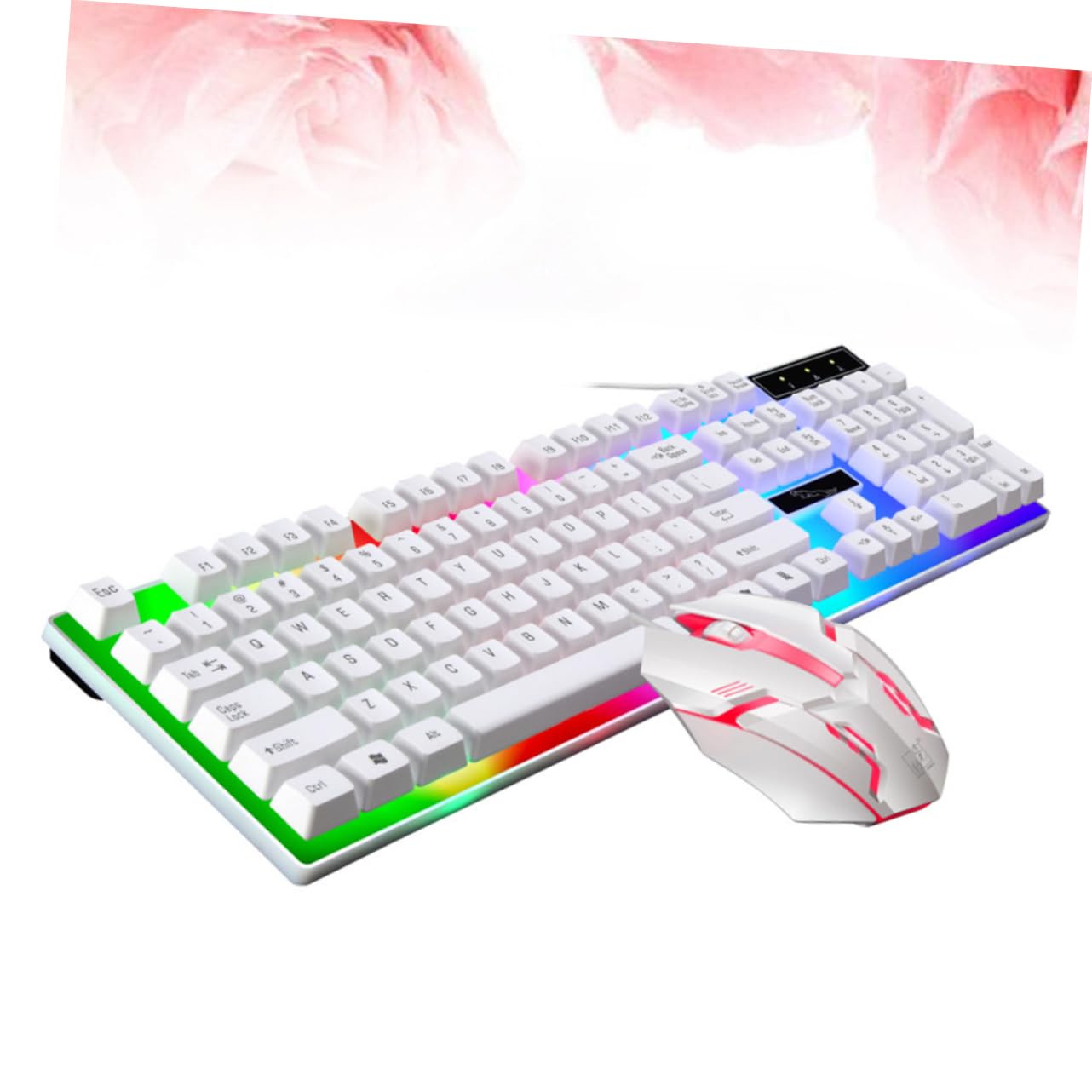 GALPADA Set Tastiera e Mouse Cablati USB Retroilluminazione LED Colorata, Tastiera Ergonomica 104 Tasti in Abs e Mouse Bianco per Computer Desktop