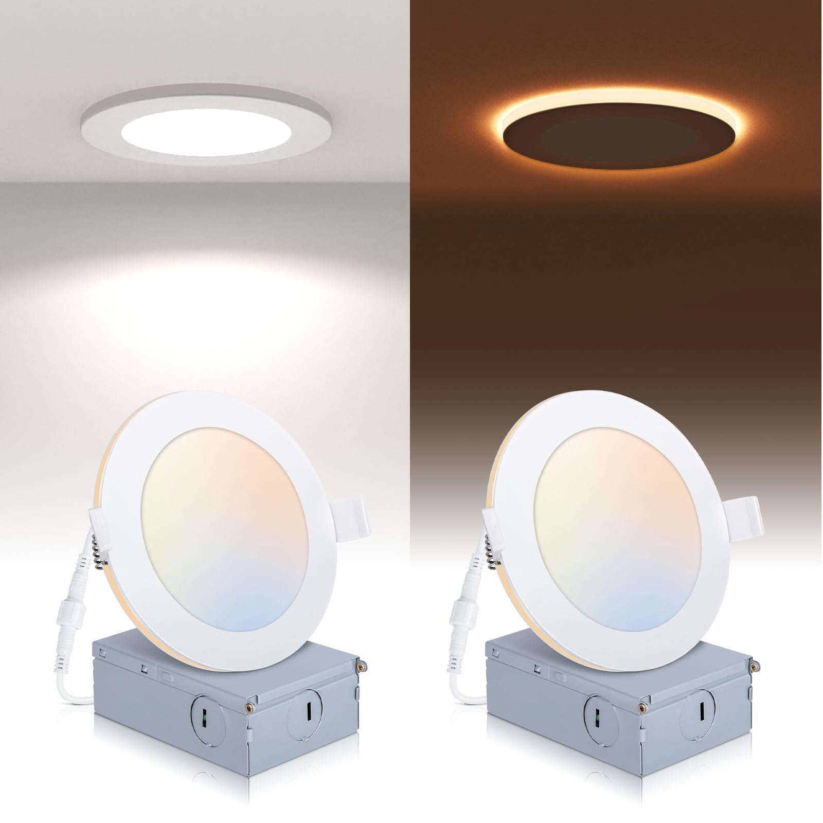 POWERASIA 2 Pack Recessed Lighting 6 Inch with Night Light, 5CCT 6 Inch LED Recessed Lights Dimmable 2700K/3000K/4000K/5000K/6000K, 15W 1200LM Ultra Thin Recessed Lighting - ETL and Energy Star