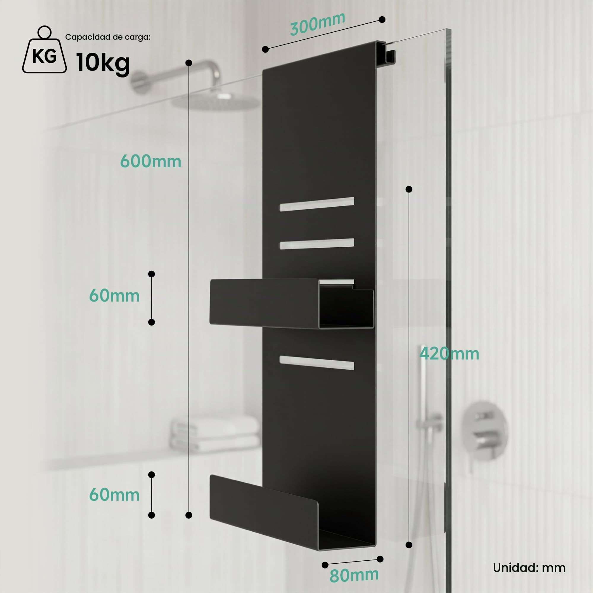 Mai & Mai Organizador Colgante para Ducha, Acero al Carbono, Negro Mate, 60x30 cm, Estantes Ajustables, Sin Taladro – Oryne-01