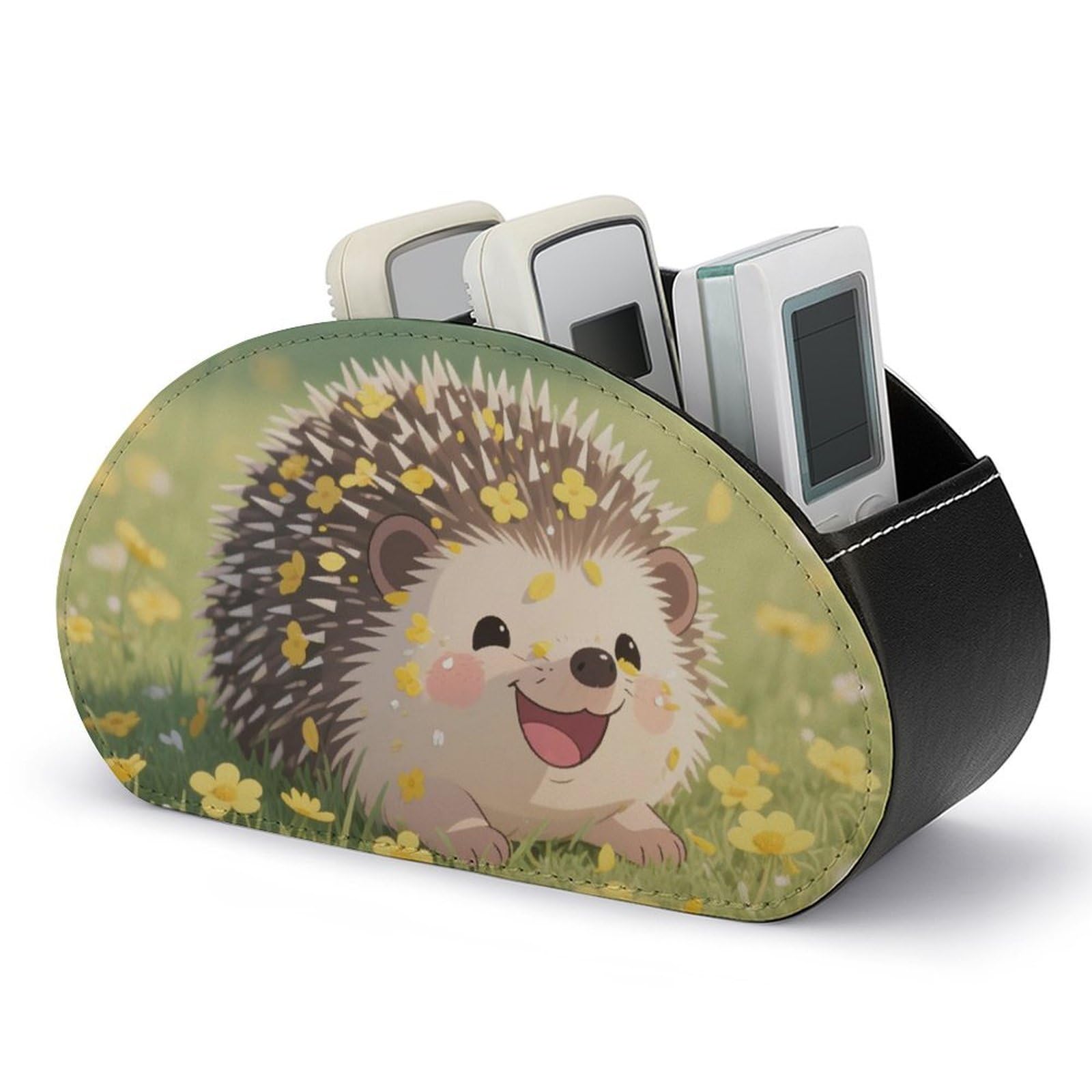 DWVTSLH Floral Hedgehog Remote Control Holder with 5 Compartments - PU Leather TV Remote Holder Remote Caddy Desktop Organizer Makeup Brush Holder, Remote Storage Box for Home Office