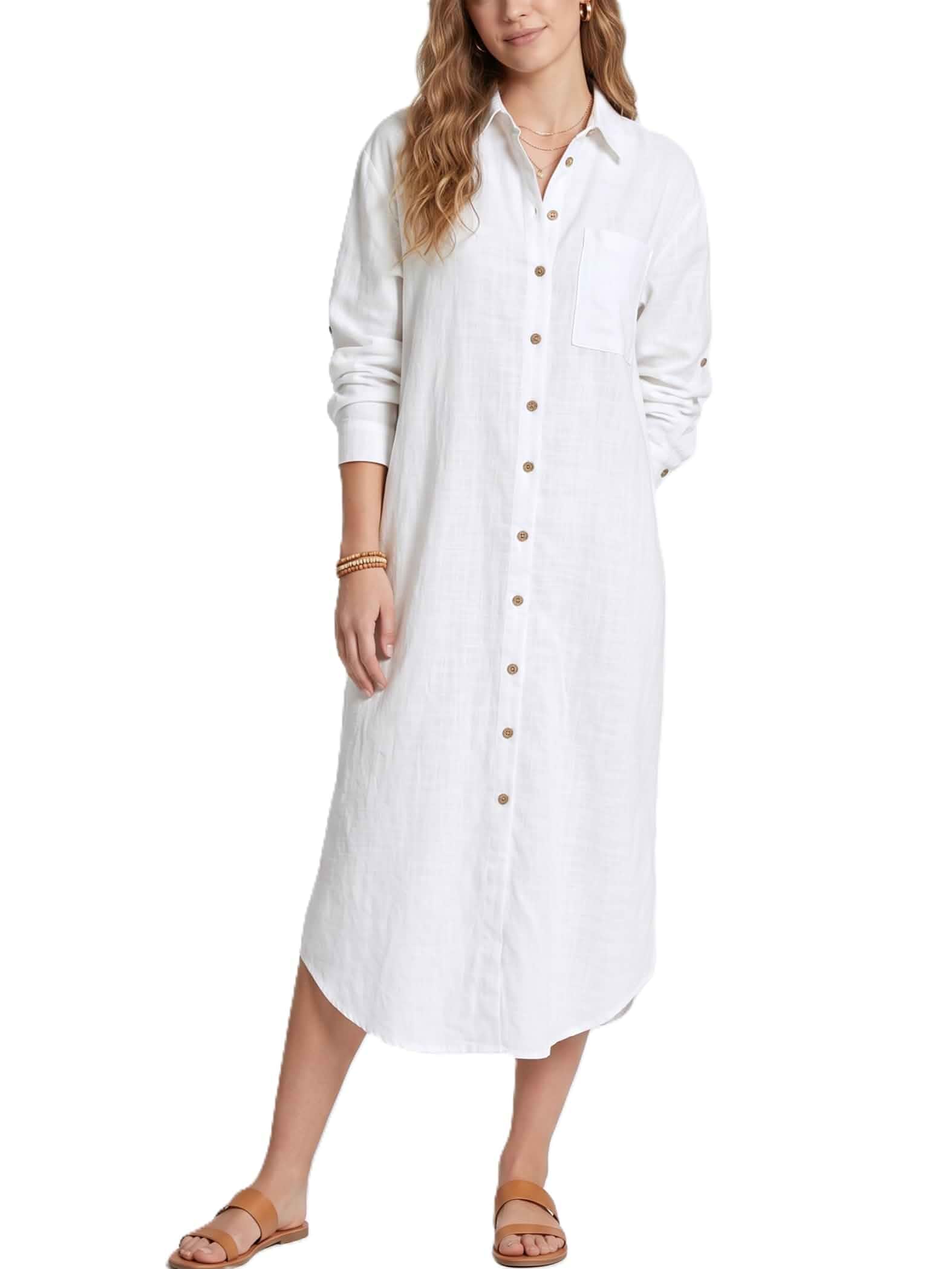 Kuraki Women's Casual Print Button Front Maxi Shirt Dress Long Sleeve