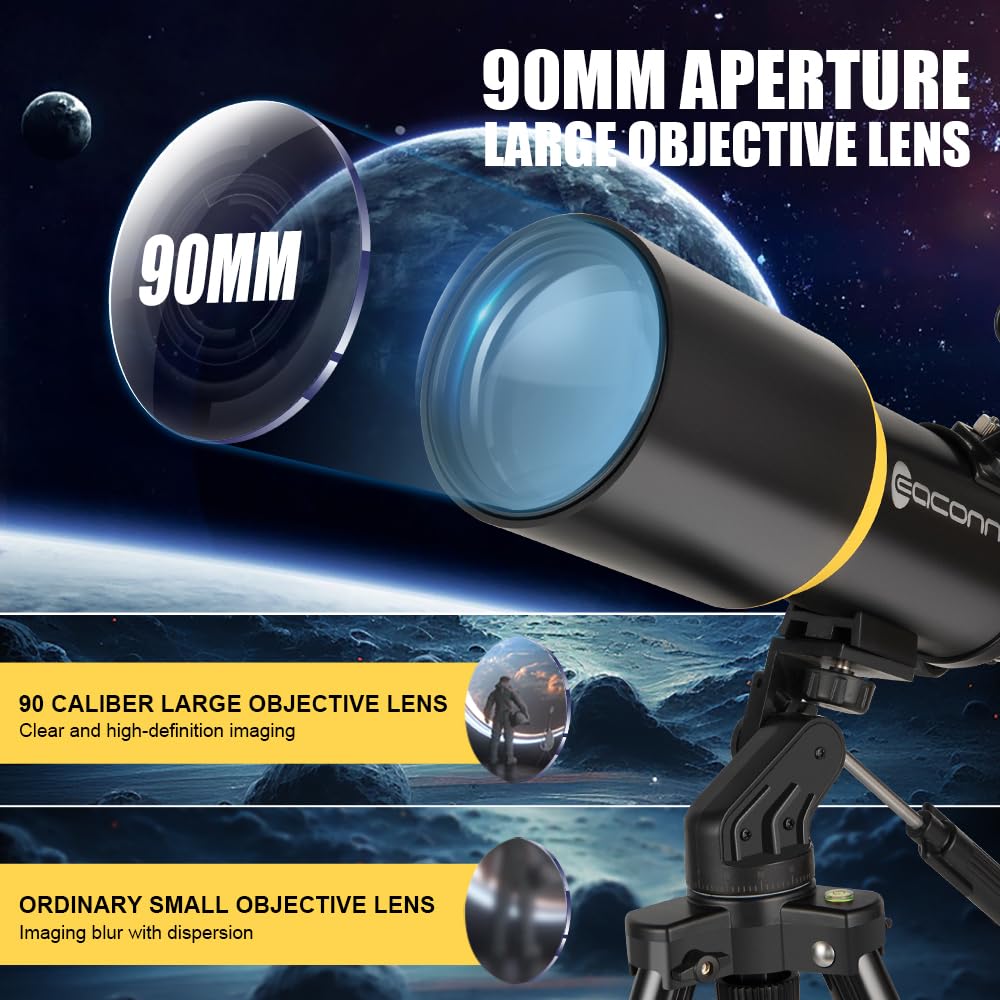 Teleskop für Erwachsene, 90 mm Blende, 600 mm Refraktor-Teleskop für Kinder und Anfänger, Teleskope für Erwachsene, Astronomie mit Handtasche und Handy-Adapter