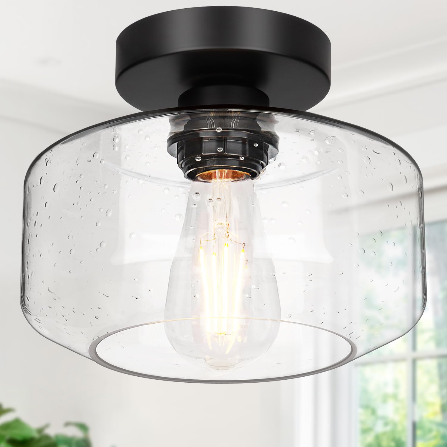 Lynnoland Industrial Semi Flush Mount Ceiling Light, 800 Lumen LED Bulb Included, Seeded Glass Shade Farmhouse Light Fixture for Hallway Corridor Kitchen Bathroom Bedroom Passway