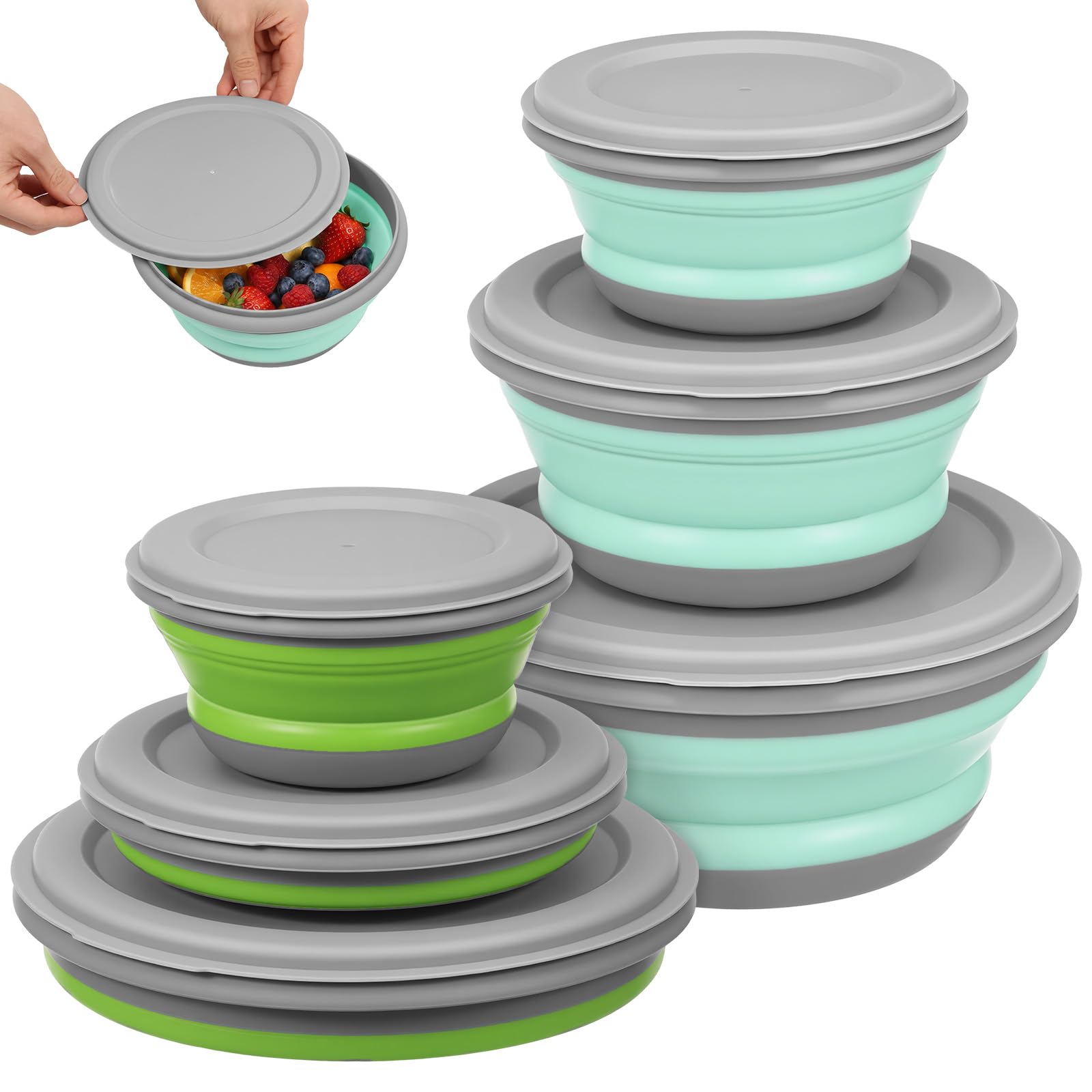 Kuanght 6Pcs Collapsible Camping Bowl Set, 3 Sizes Foldable Meal Prep Containers with Airtight Lids, Reusable Folding Bowl Portable Salad Bowls for Camping, Hiking, Kitchen and School