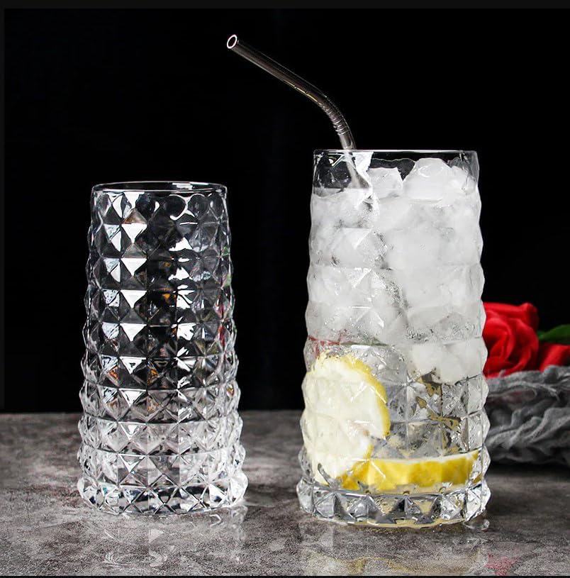 Image of Premium 450ML Water - Juice Glasses Drinking Glasses Set of 4, Highball Lead-Free Glasses, Tumblers for Water, Juice, Beer, Cocktail and Mixed Drinks (Daimond Cut Glass - A, Set of 4)