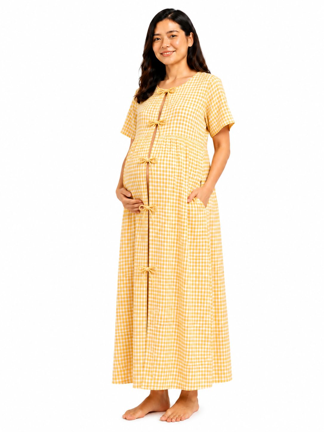 LIN-O-FAB Maternity Gown Yellow Checks Free Size-picture-39