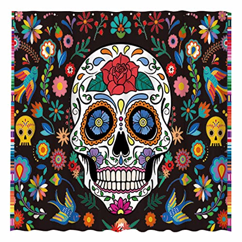 Allenjoy 72x72 Inch Day of The Dead Sugar Skull Shower Curtain for Bathroom Set Mexican Fiesta Home Bath Decor Decoration Durable Waterproof Fabric Machine Washable Curtains with 12 Hooks