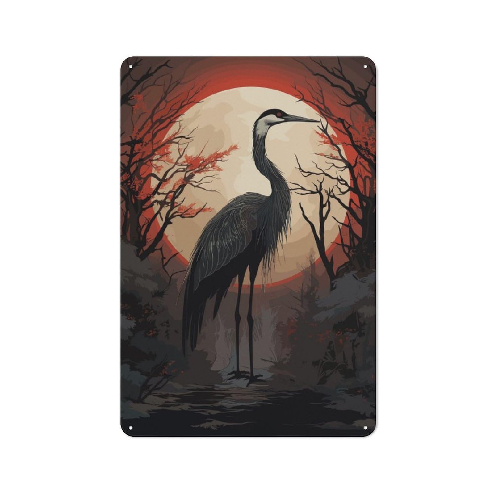 Junmoney Red Moon And Black Stork Metal Sign 30X20cm With For Pub Or Café, Retro Decor, For Cooler-Month Interiors With Retro Character