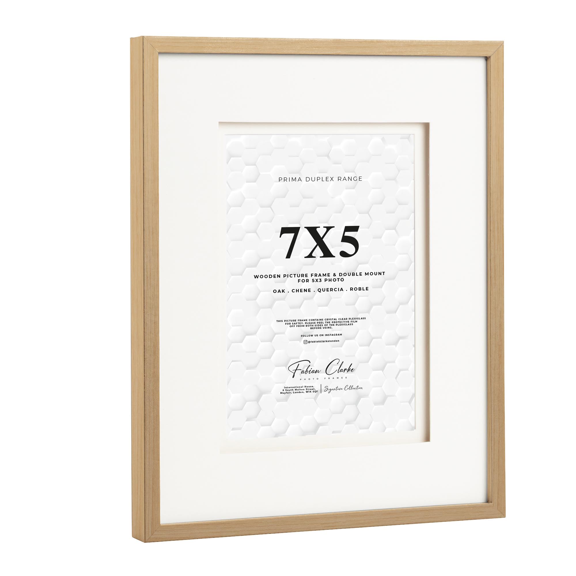 Fabian Clarke London® Oak Colour Wooden Picture Photo Frame with Off White Double Mount to Hang Portrait or Landscape (7x5)